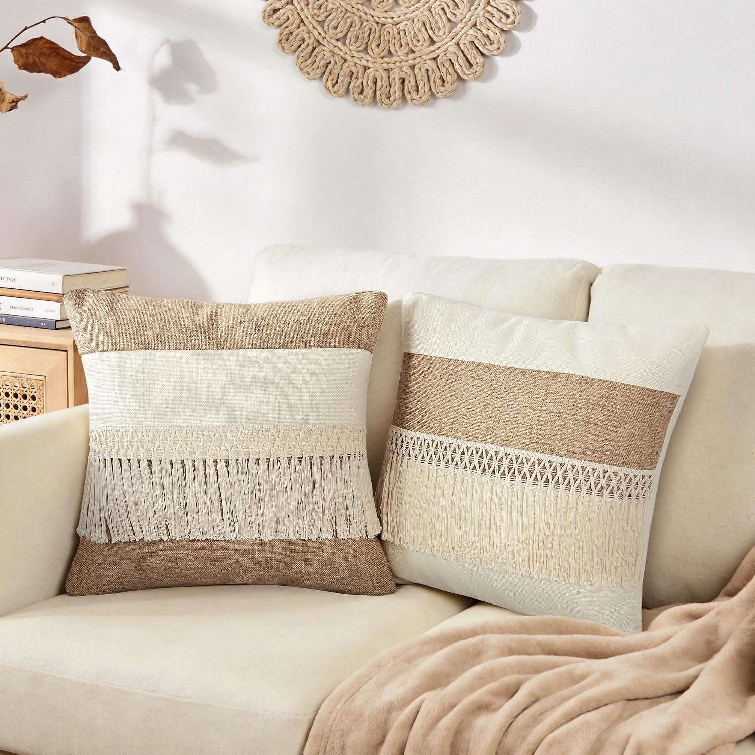 Boho Patchwork Linen Throw Pillow Covers / Boho Long Fringe-beige / 18 x 18 / Set of 2