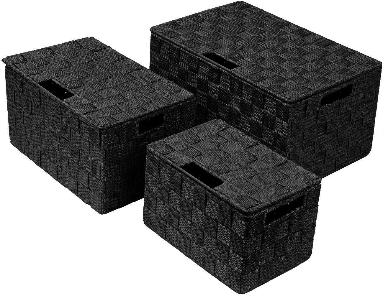 Woven Storage Baskets / Lid Bins / Black / Set of 3