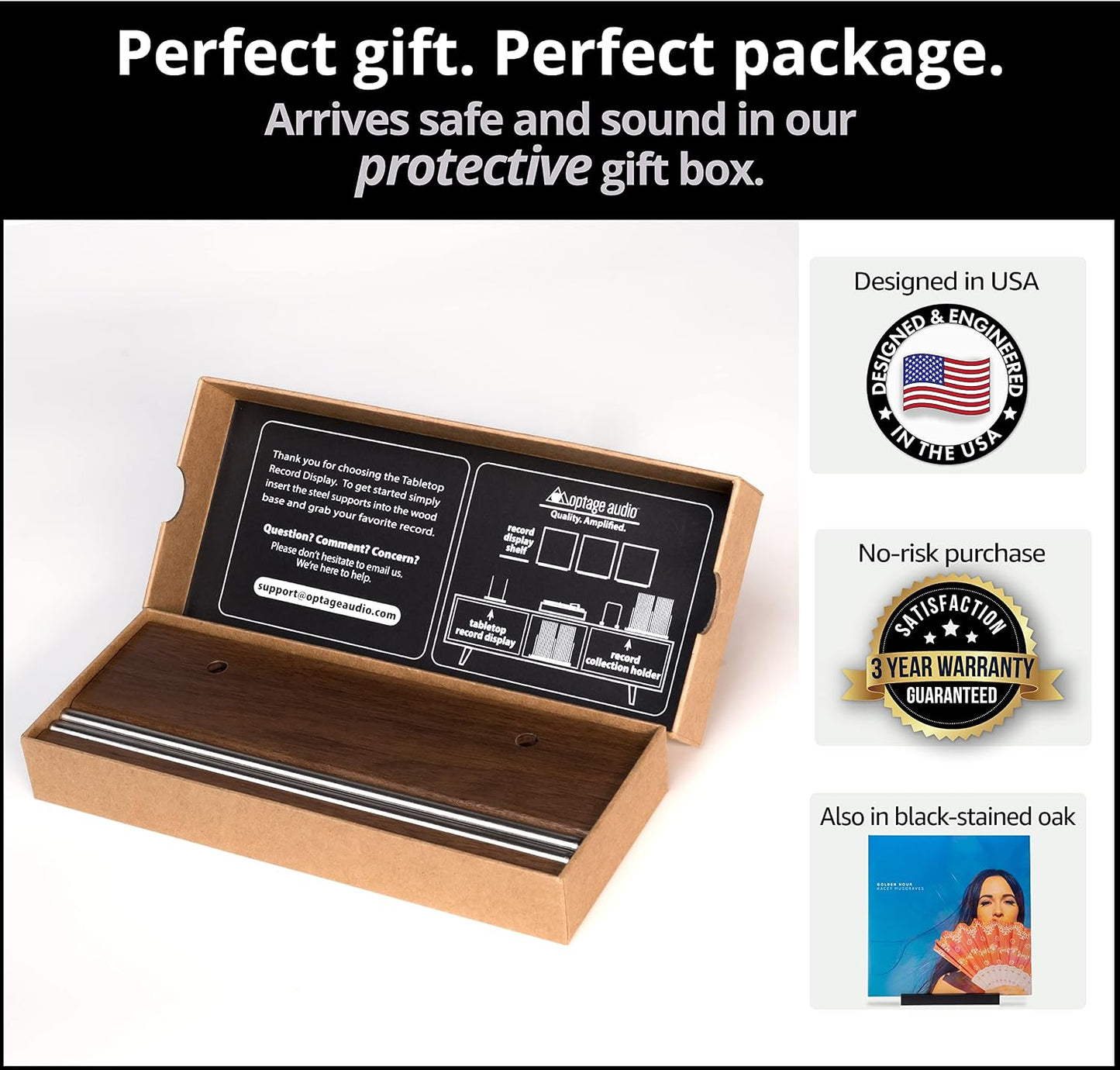 Now Playing Vinyl Record Stand, Solid Walnut Display Holder | Displays any album incl. double and triple gatefolds