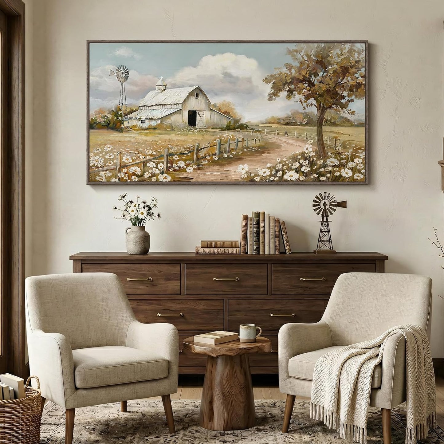Large Farmhouse Landscape Wall Art / 60"L x 30"W / Beige