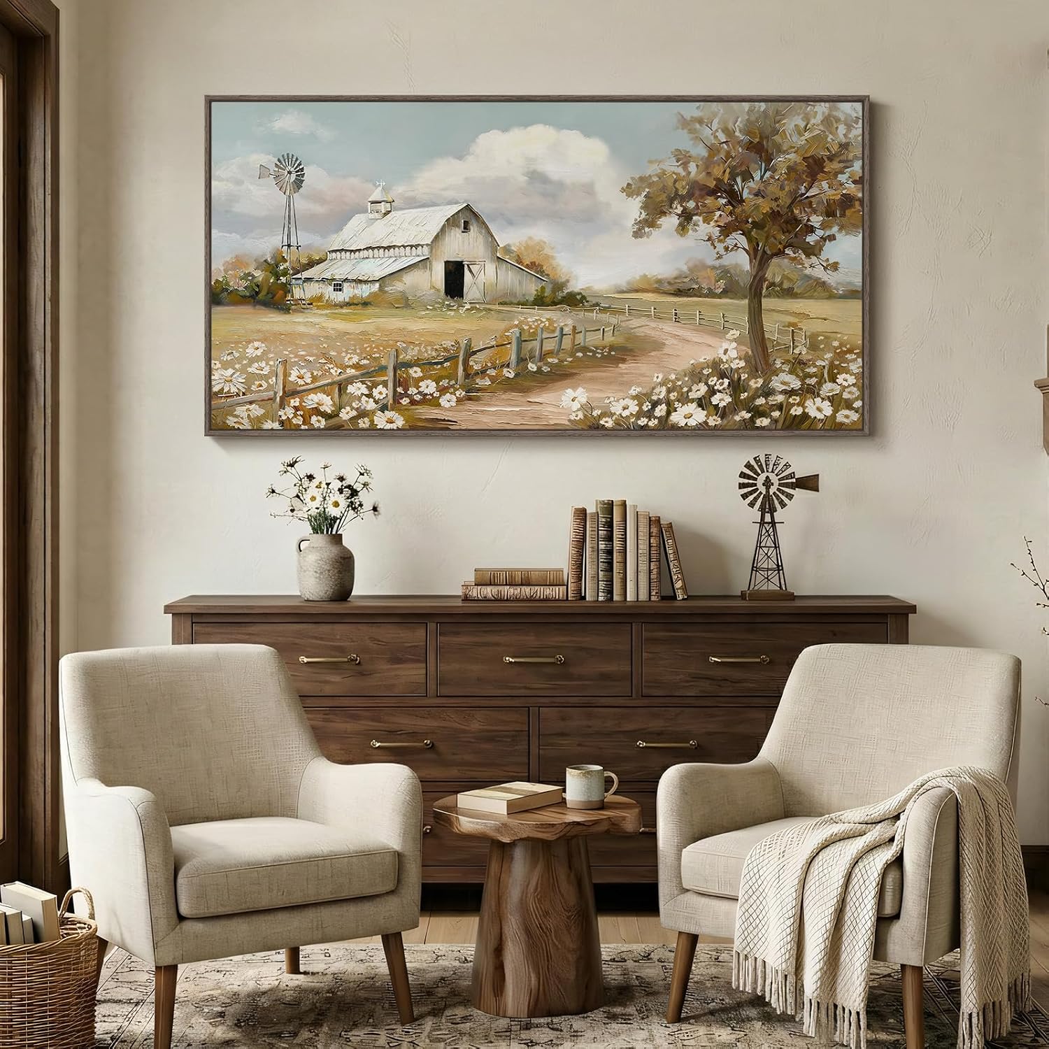 Large Farmhouse Landscape Wall Art / 60"L x 30"W / Beige