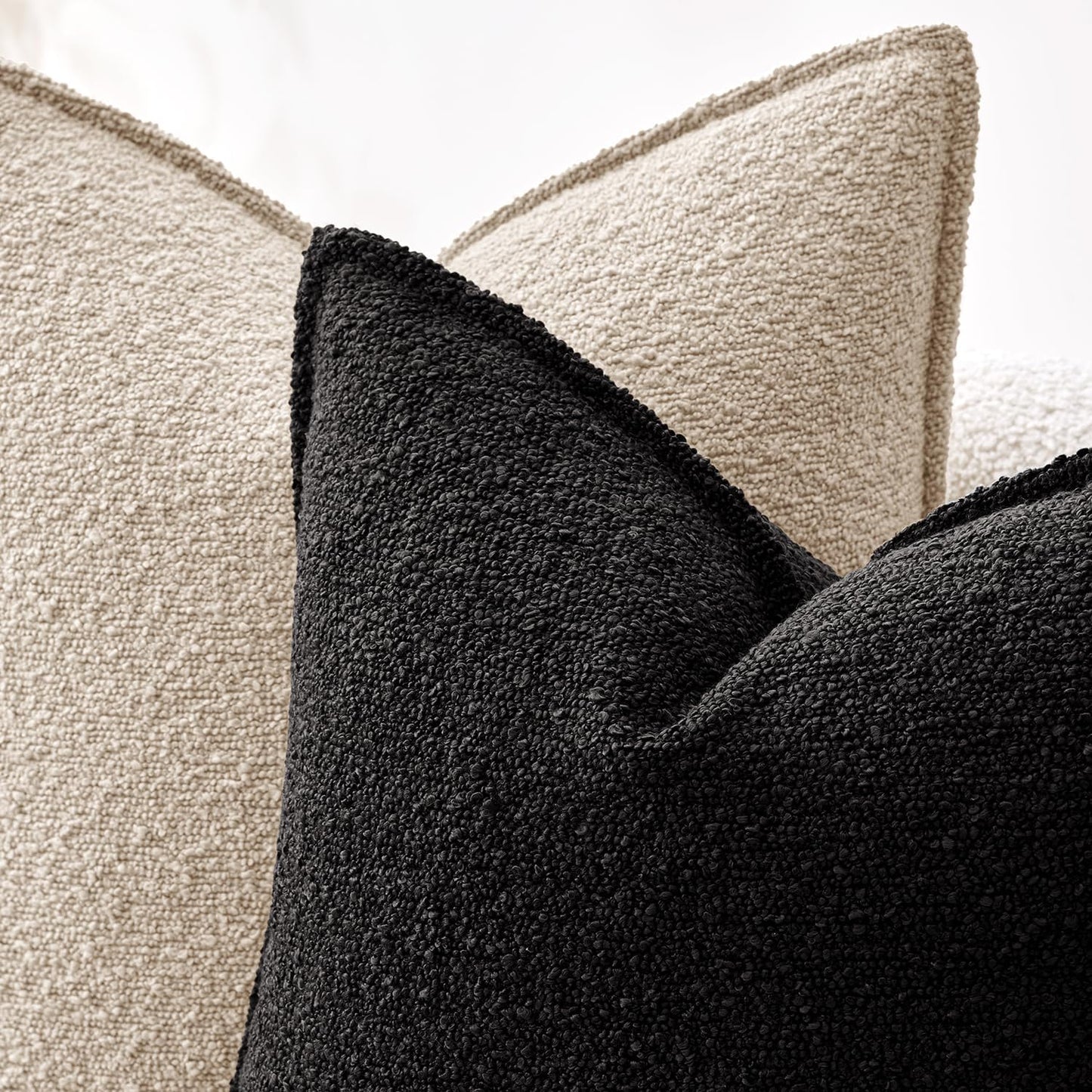 Decorative Textured Boucle Throw Pillow Covers Broadside Thick Boho / 18 x 18 / Black / Set of 2