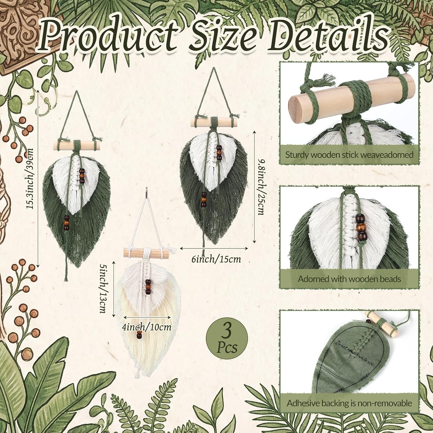 Macrame Wall Hanging Boho Woven Tapestry Handmade Home Decor Wooden / Leaf / Sage Green / Set of 3