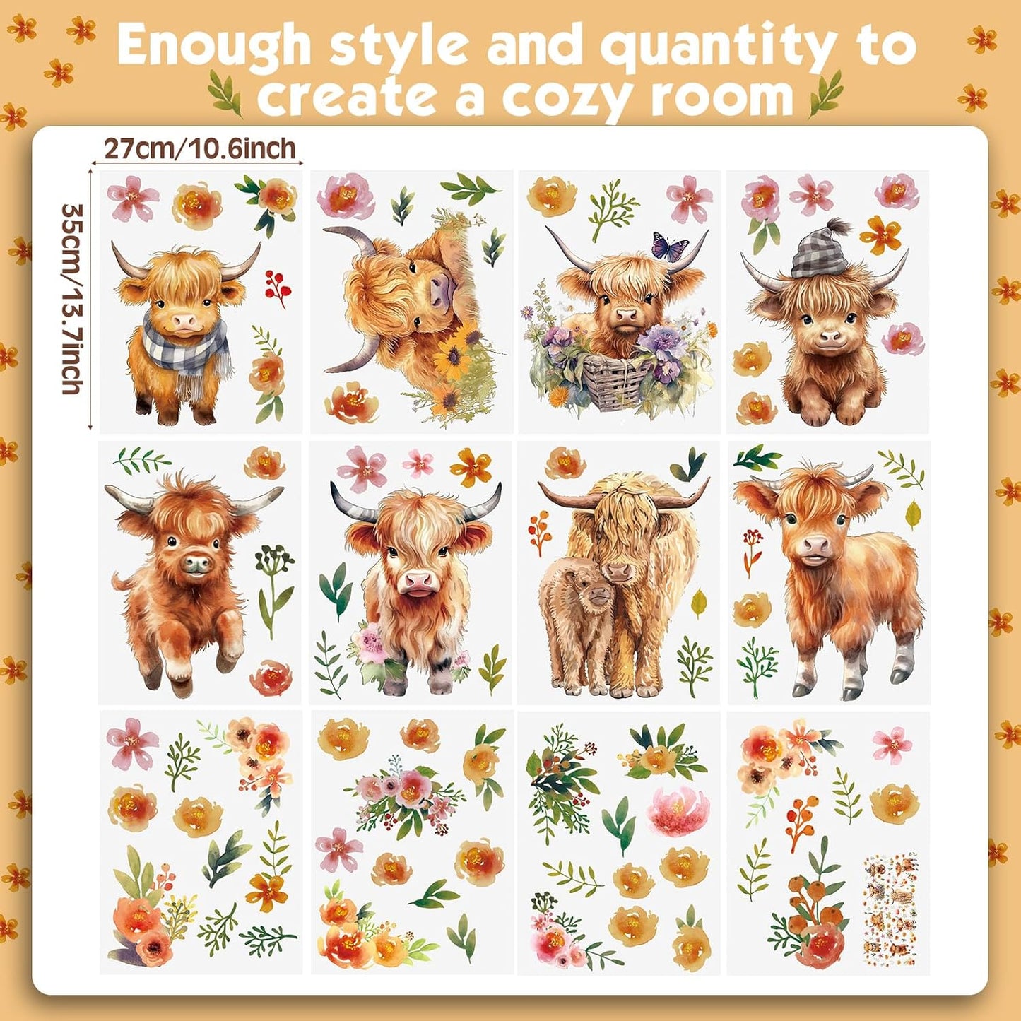 12 Sheet Highland Cow Wall Decals Baby Wall Stickers Highland Cow Sticker for Kids Baby / Set of 78