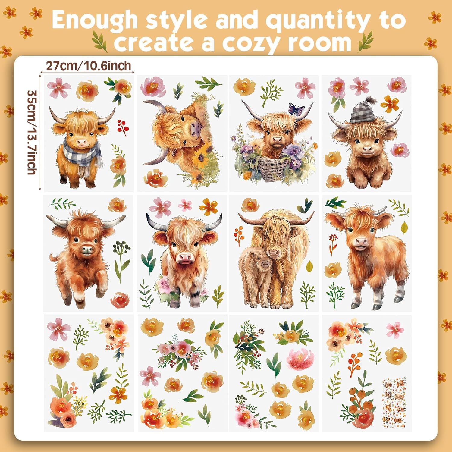 12 Sheet Highland Cow Wall Decals Baby Wall Stickers Highland Cow Sticker for Kids Baby / Set of 78