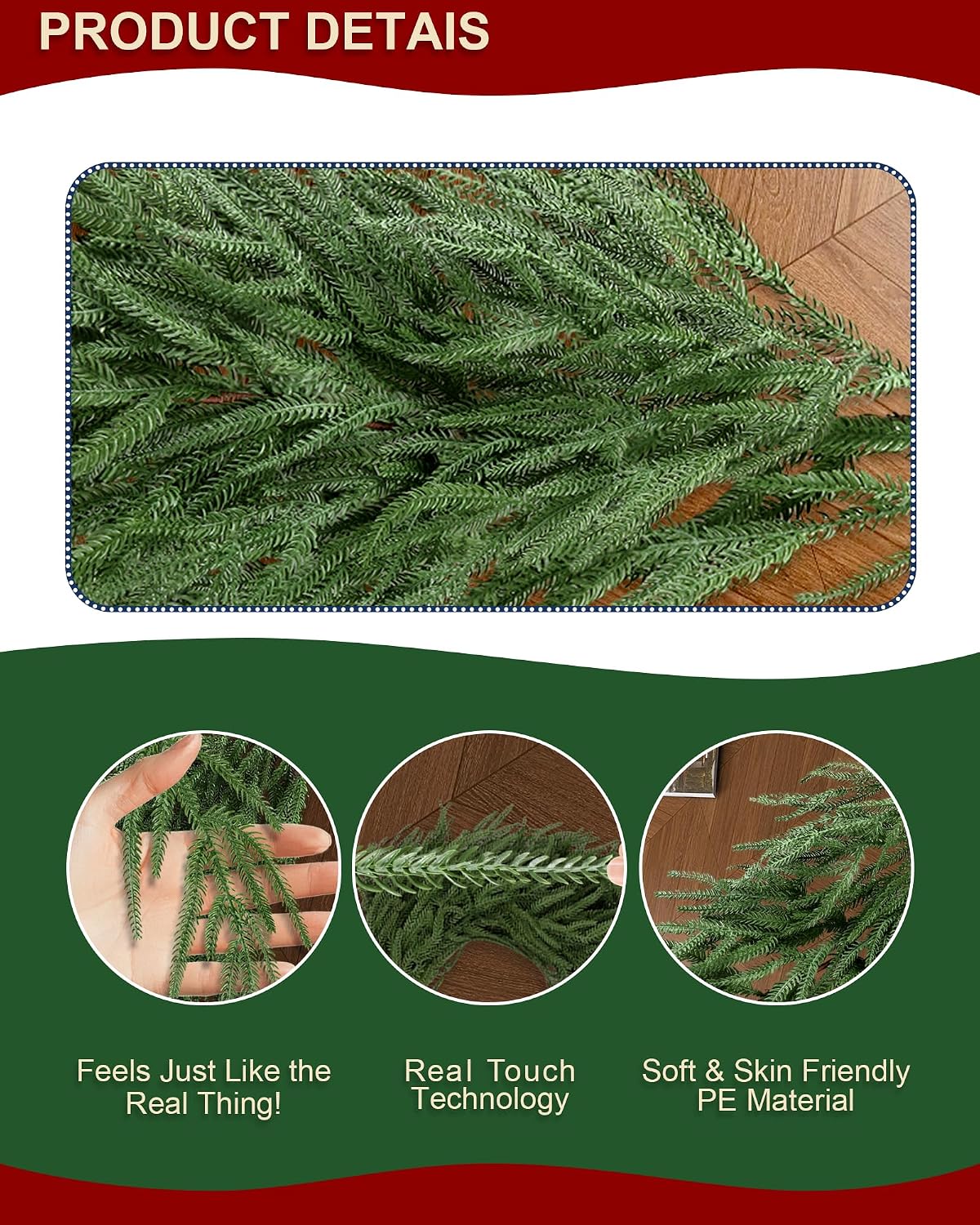 12FT (2 * 6FT) Artificial Christmas Garland, Real Touch Norfolk Pine Greenery Garland, Ultra Full & Lush Unlit Garland