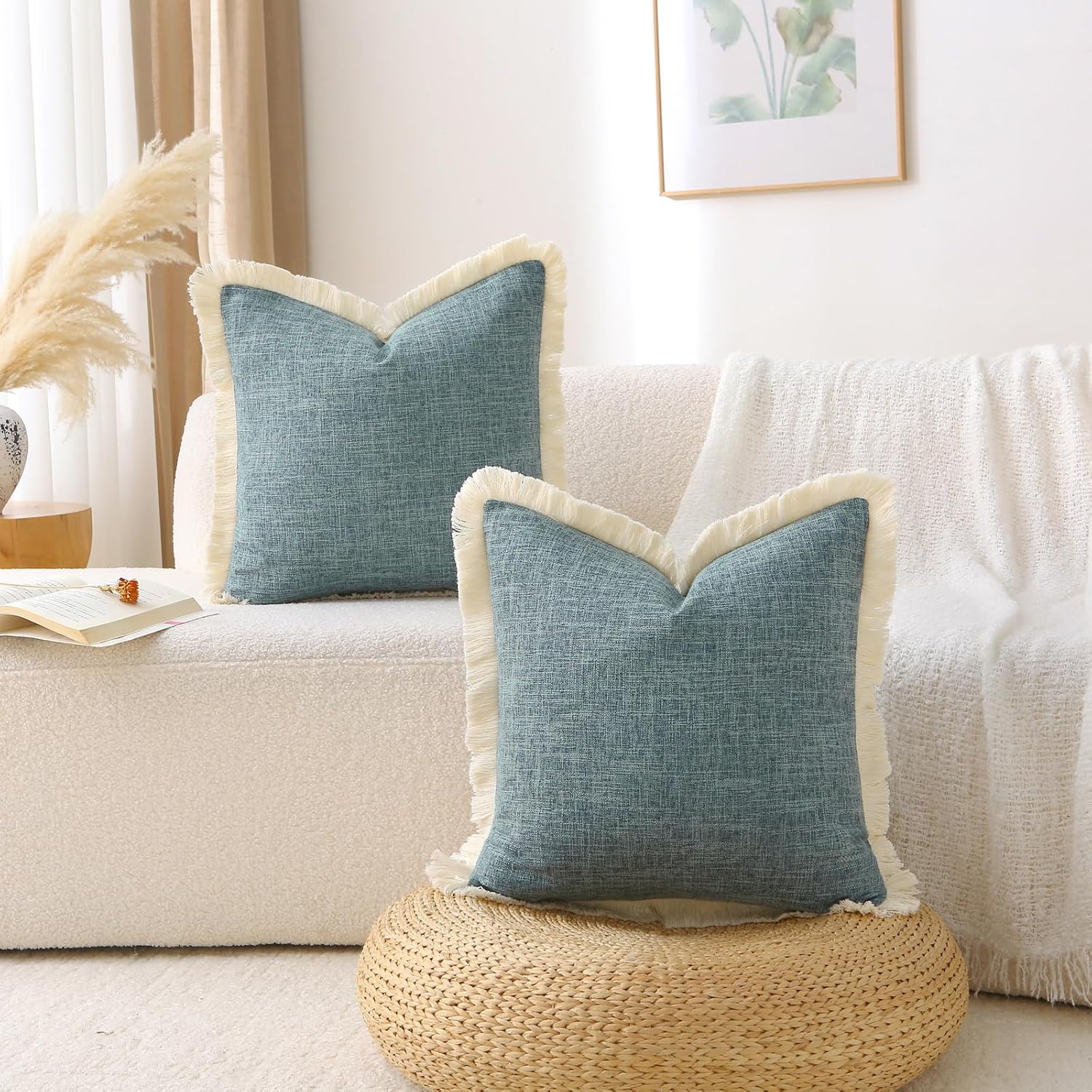 Boho Decorative Throw Pillow Covers Tassels Rectangle Linen Lumbar / Gray Blue / 20 x 12 / Set of 2