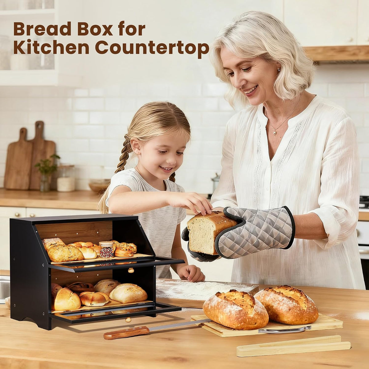 MAISONPEX Double Layer Bamboo Bread Box for Kitchen Countertop, Large Capacity, Cutting Board, Stainless Steel Bread