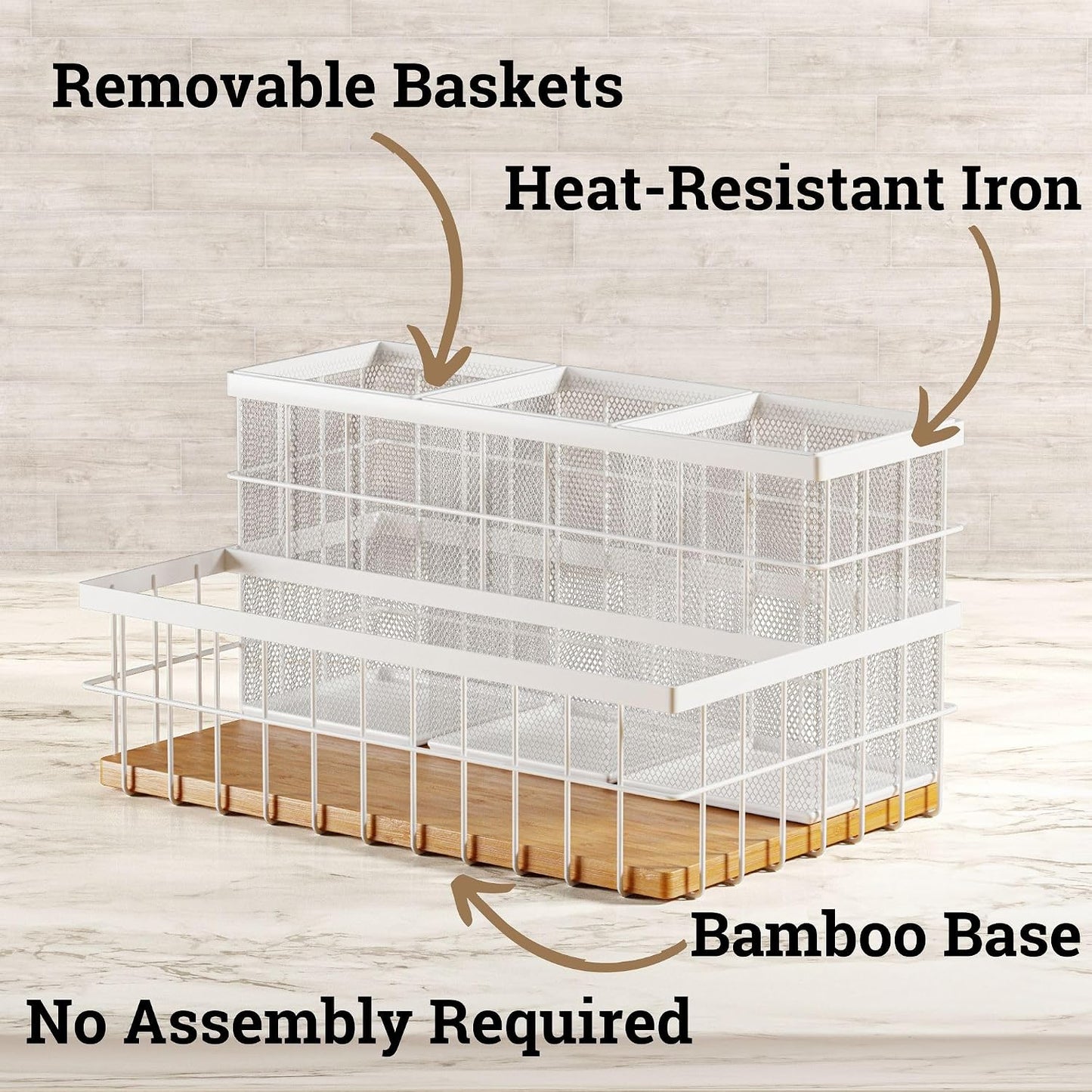 Hair Tool Organizer Countertop, Breathable Metal & Bamboo, Heat-Resistant | No Assembly Required, Removable Baskets