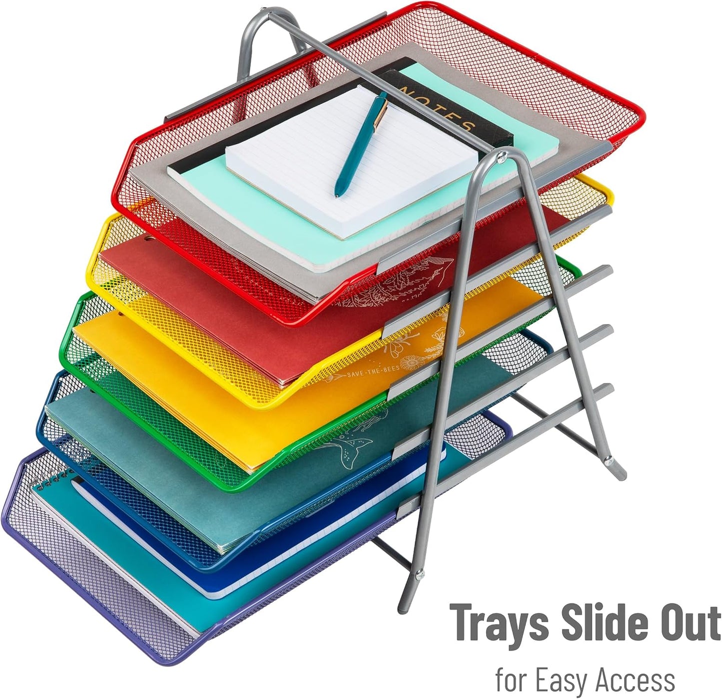 Mind Reader 5-Tier Paper Tray Organizer with Multicolor Trays, Classroom File Organizer for Teachers, Metal Mesh