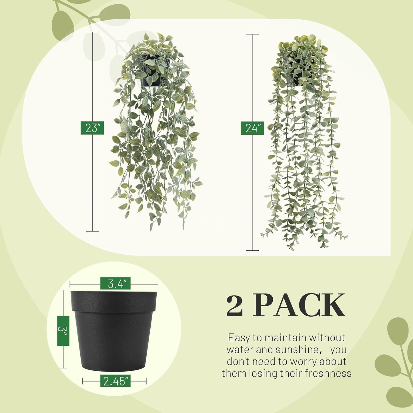 Fake Plants Hanging Artificial Decor Faux Potted Eucalyptus and Pea Pod / Gray Green / Set of 2