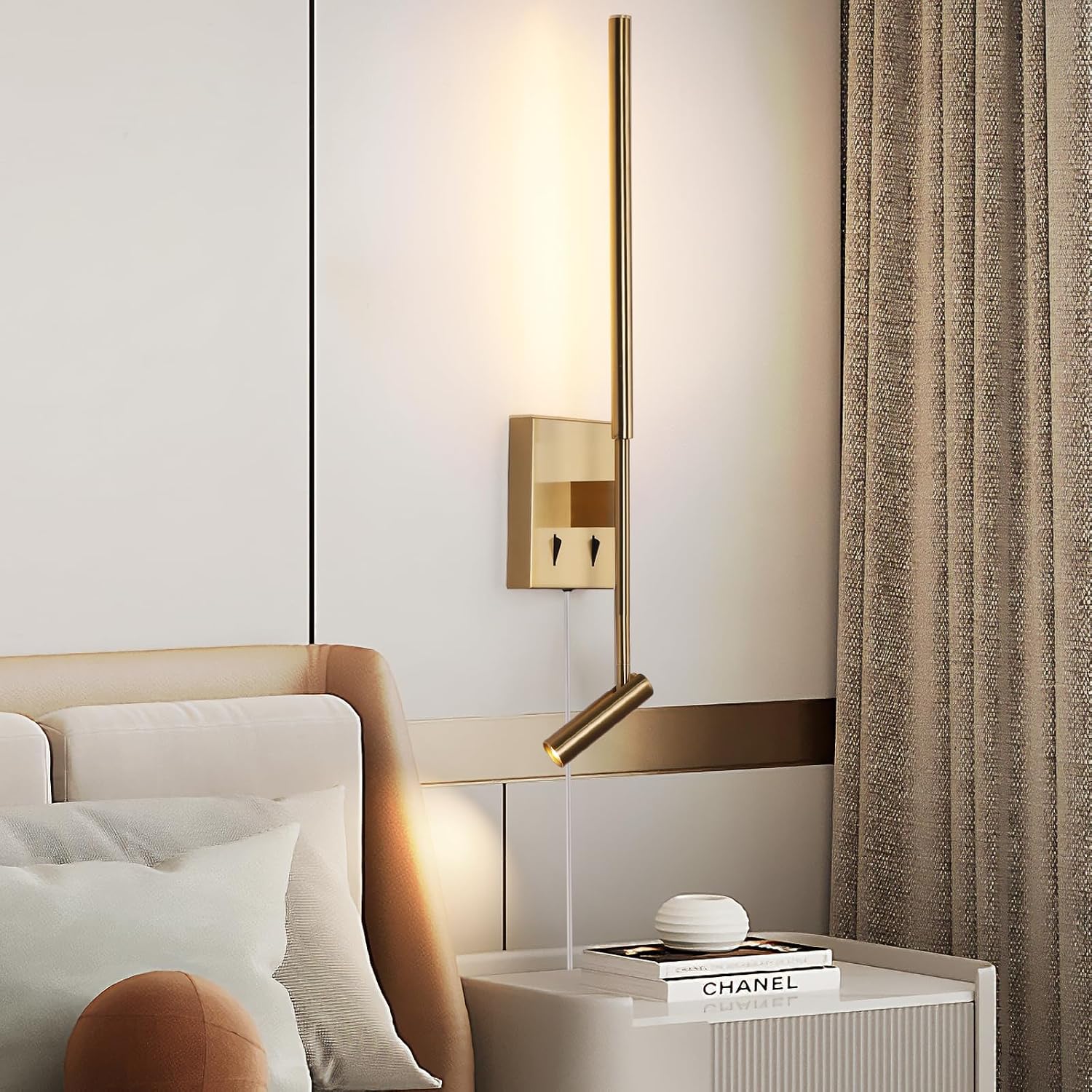 Modern Plug in Wall Sconce Indoor Ambient Lighting for Bedroom, Gold LED Wall Mounted Reading Lamp with Switch, Corded