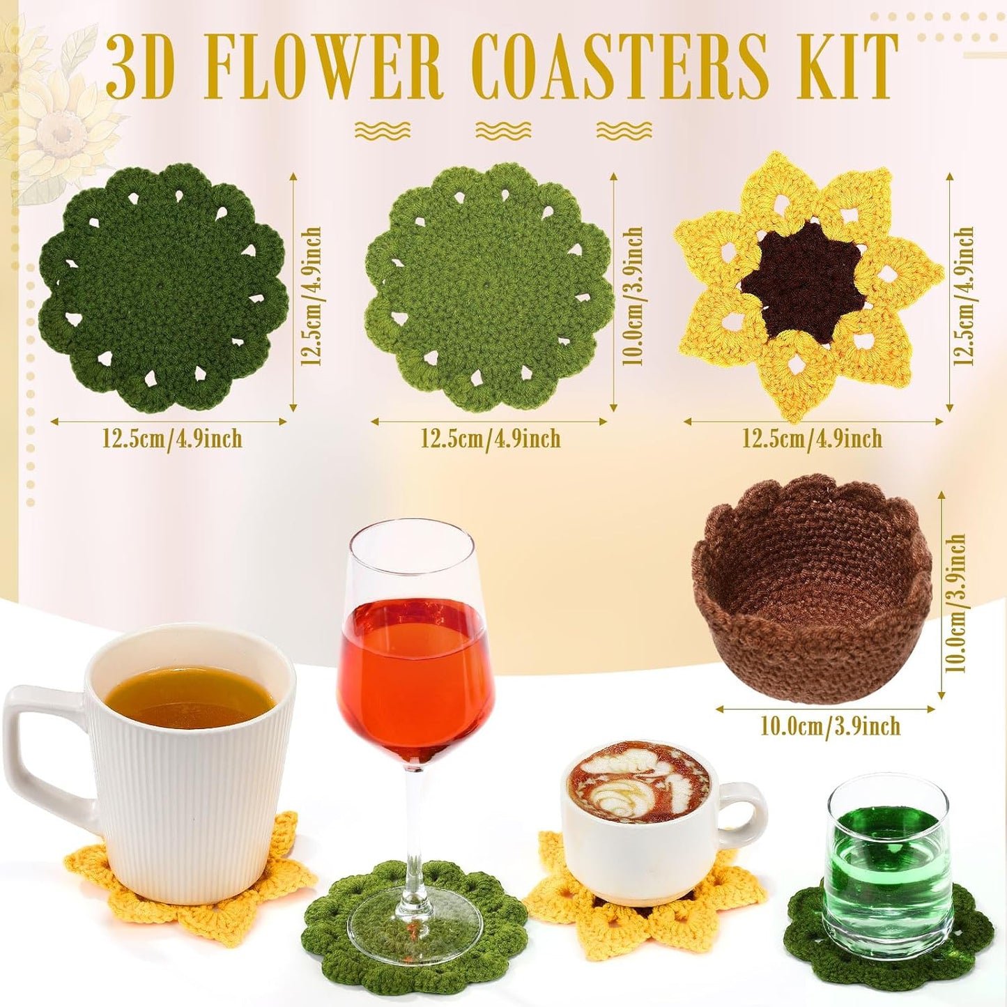 3D Crochet Flower Coasters Set / Yellow / Sunflower / Set of 15