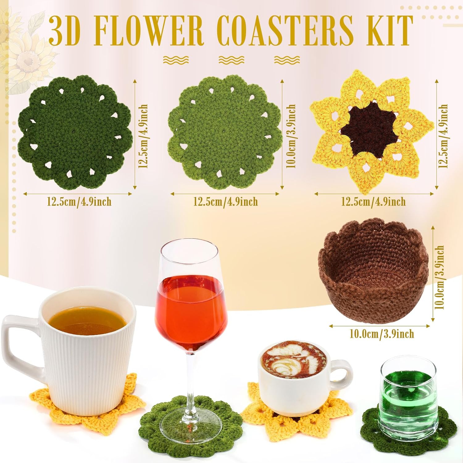 3D Crochet Flower Coasters Set / Yellow / Sunflower / Set of 15