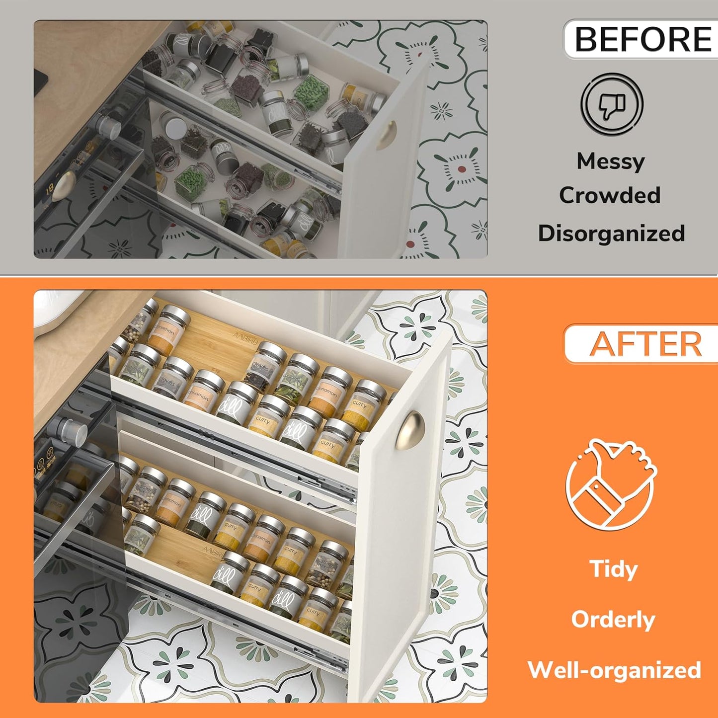 AMBIRD Bamboo Spice Drawer Organizer with Non-slip Mat, 4 Tier Jar Spice Rack Tray 13'',Seasoning Organizer for