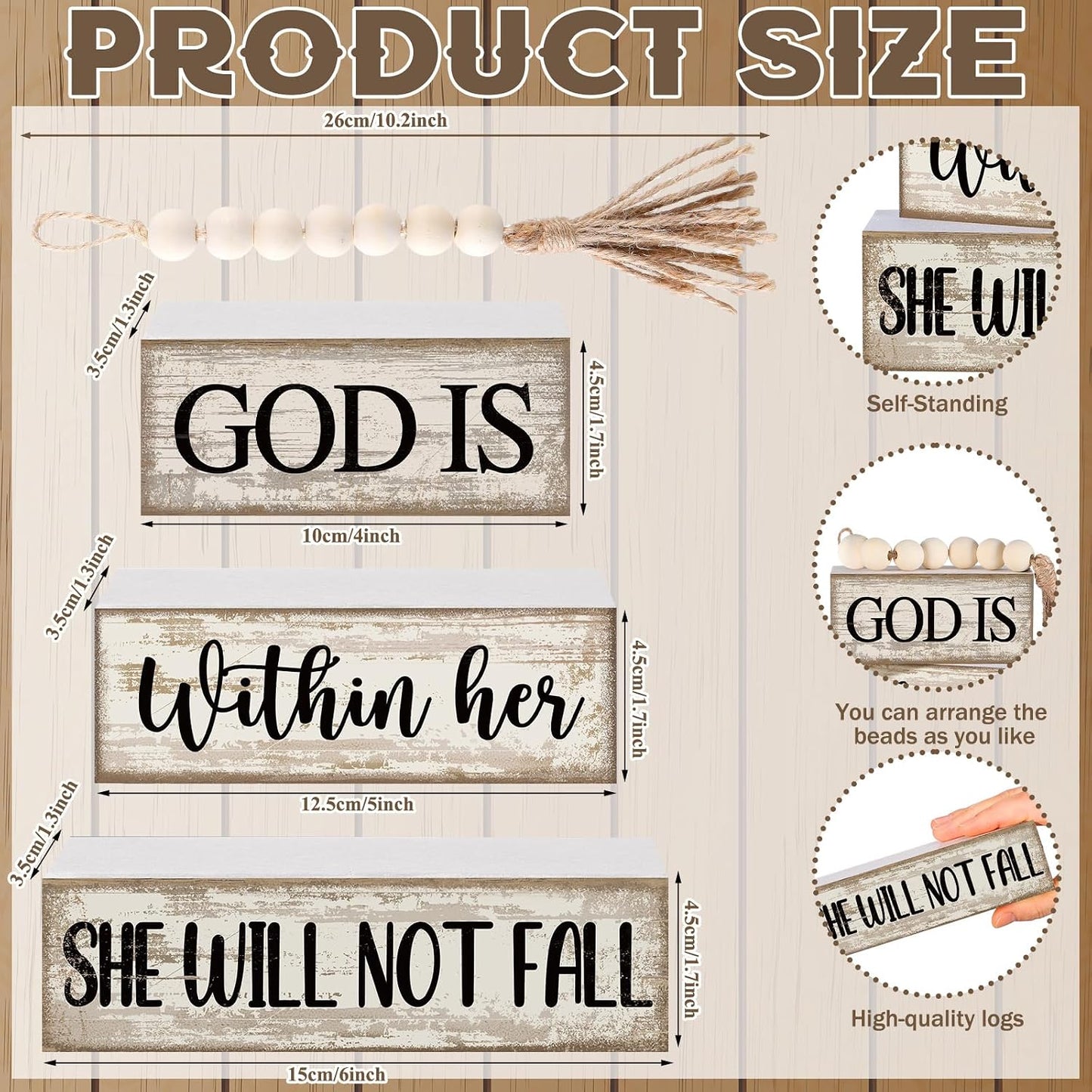 Christian Table Decor Rustic Wooden Block Sign Set / Bead / Set of 4