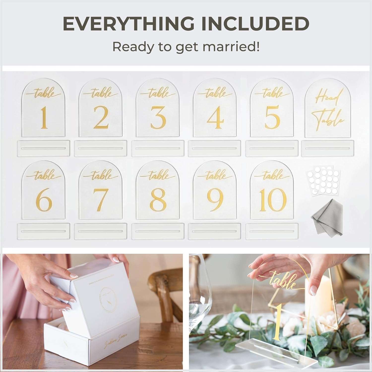 Clear gold Arched Wedding Table Numbers 1-10 with Stands, 5x7 Inch Acrylic Arch Sign with Holder, Clear gold Arch