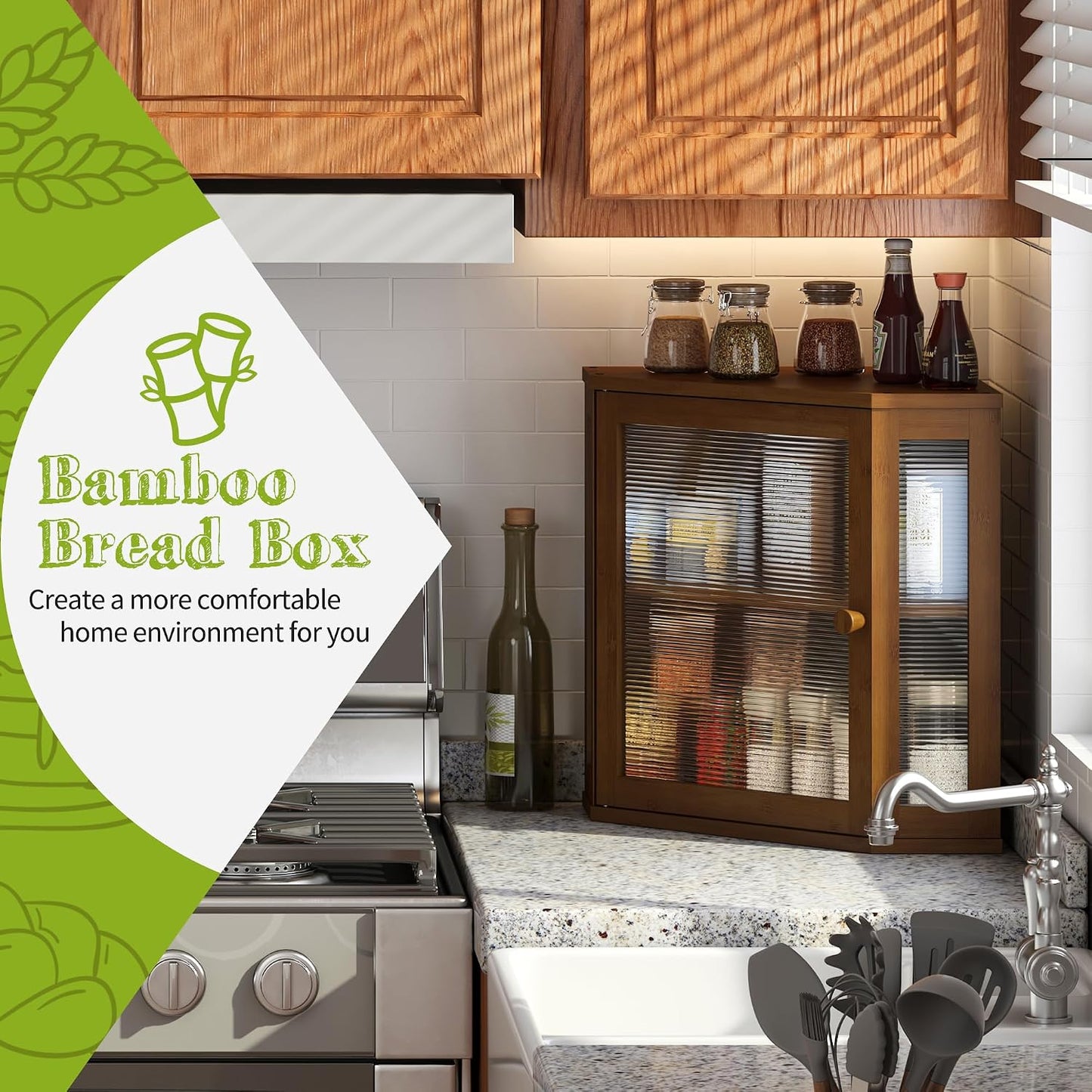 BMOSU Corner Bread Box for Kitchen Countertop Double Layer Bamboo Wooden Bread box Large Capacity Bread Storage