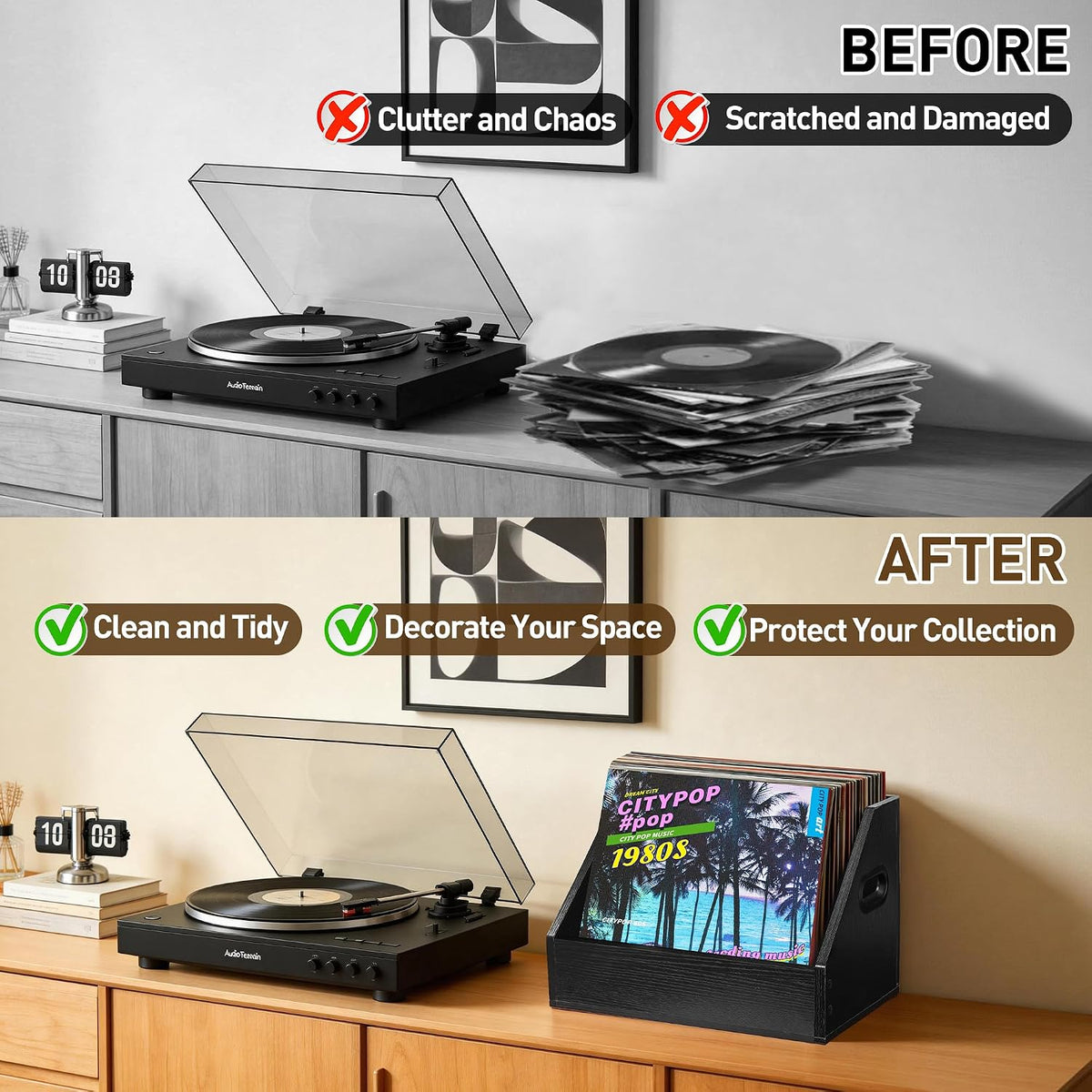 Vinyl Record Storage, Wooden Record Crate Box Case, Vinyl Album Storage Record Holder Holds up to 60+ Records, Desktop