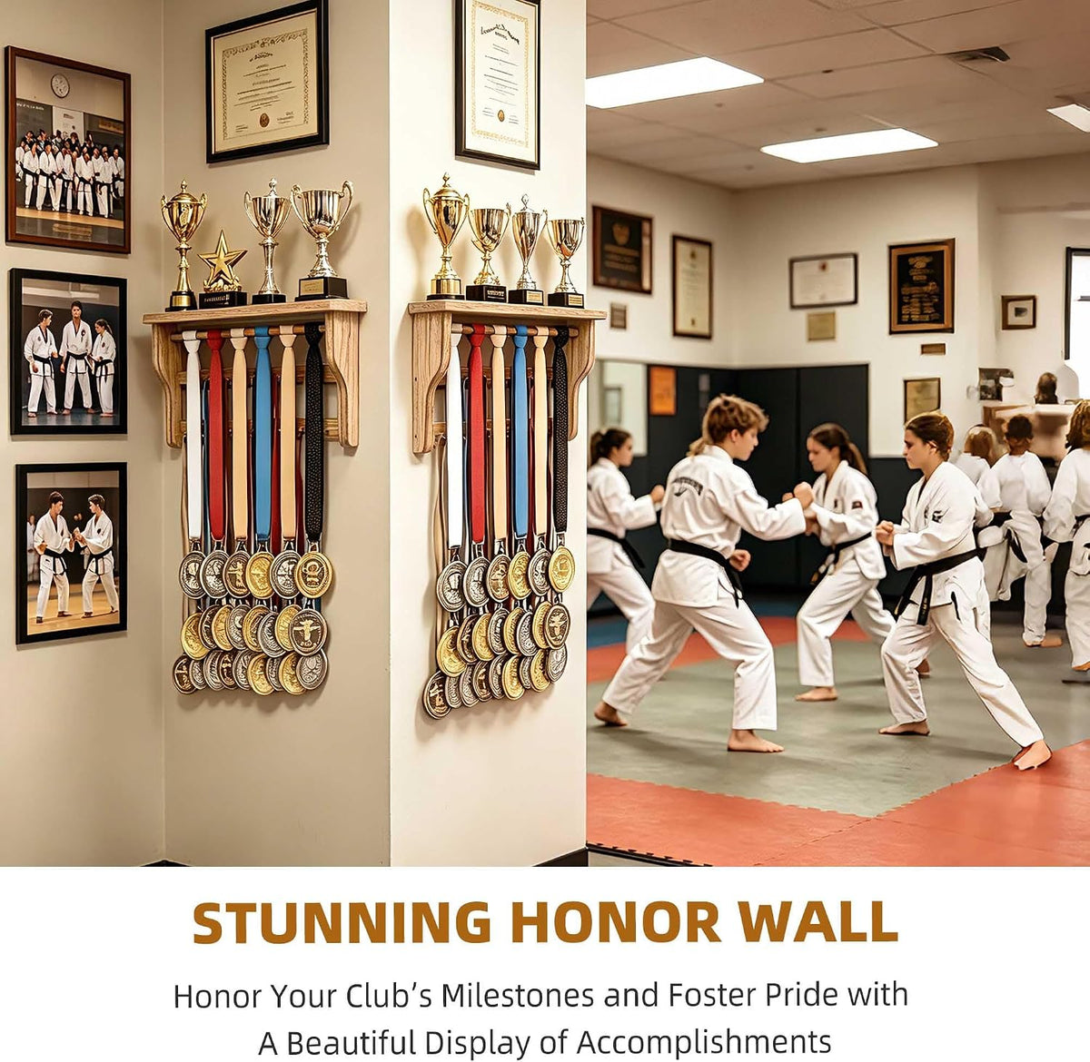 Medal Hanger Display, Large Capacity Trophy and Medal Display Shelf | Natural Solid Wood, Anti-Slip Groove, Widening