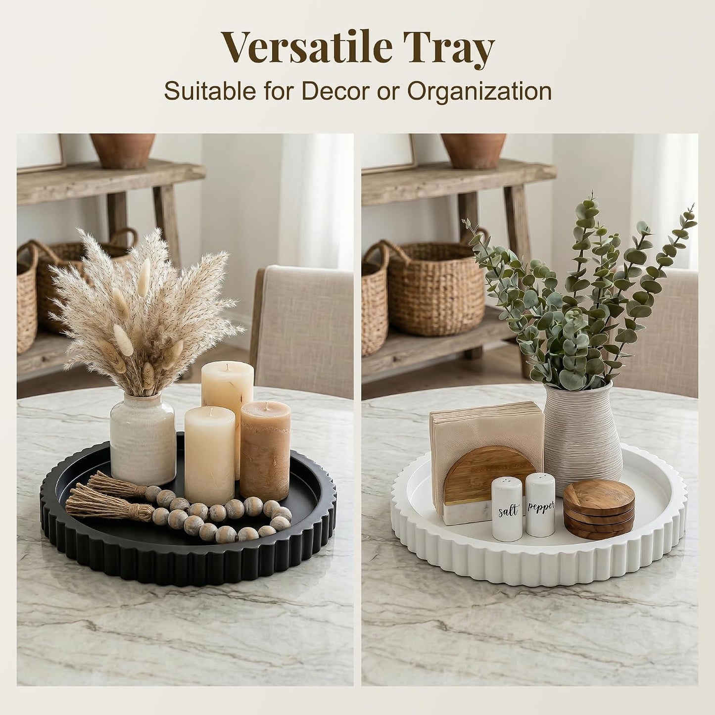 11.4" Modern Minimalist Wooden Round Decor Tray / Black