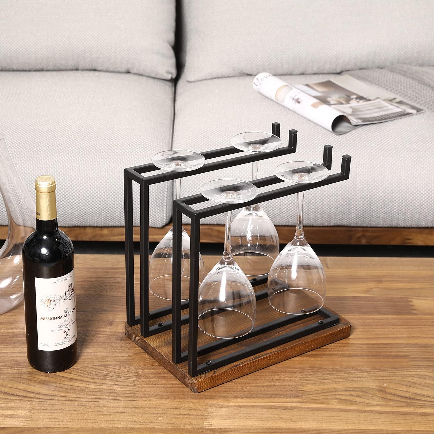 MyGift Countertop Wine Glass Holder with Rustic Wood Base, Industrial Metal | 2 Hanging Bars Store Stemware for
