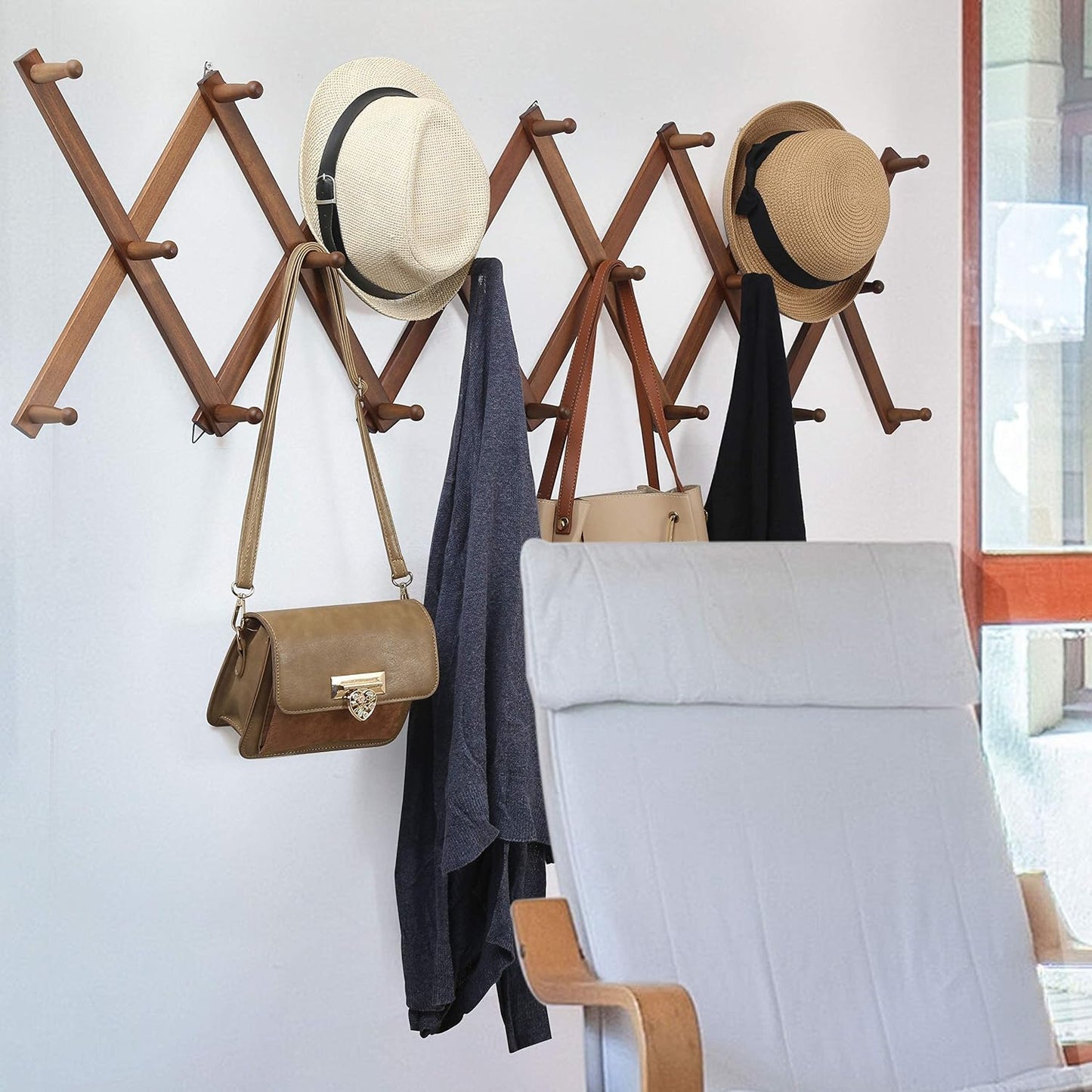 WEBI Accordion Wall Hanger,Expandable Wooden Coat Rack Wall Mounted,Accordion Hat Rack for Wall,Accordion Hook Rack for