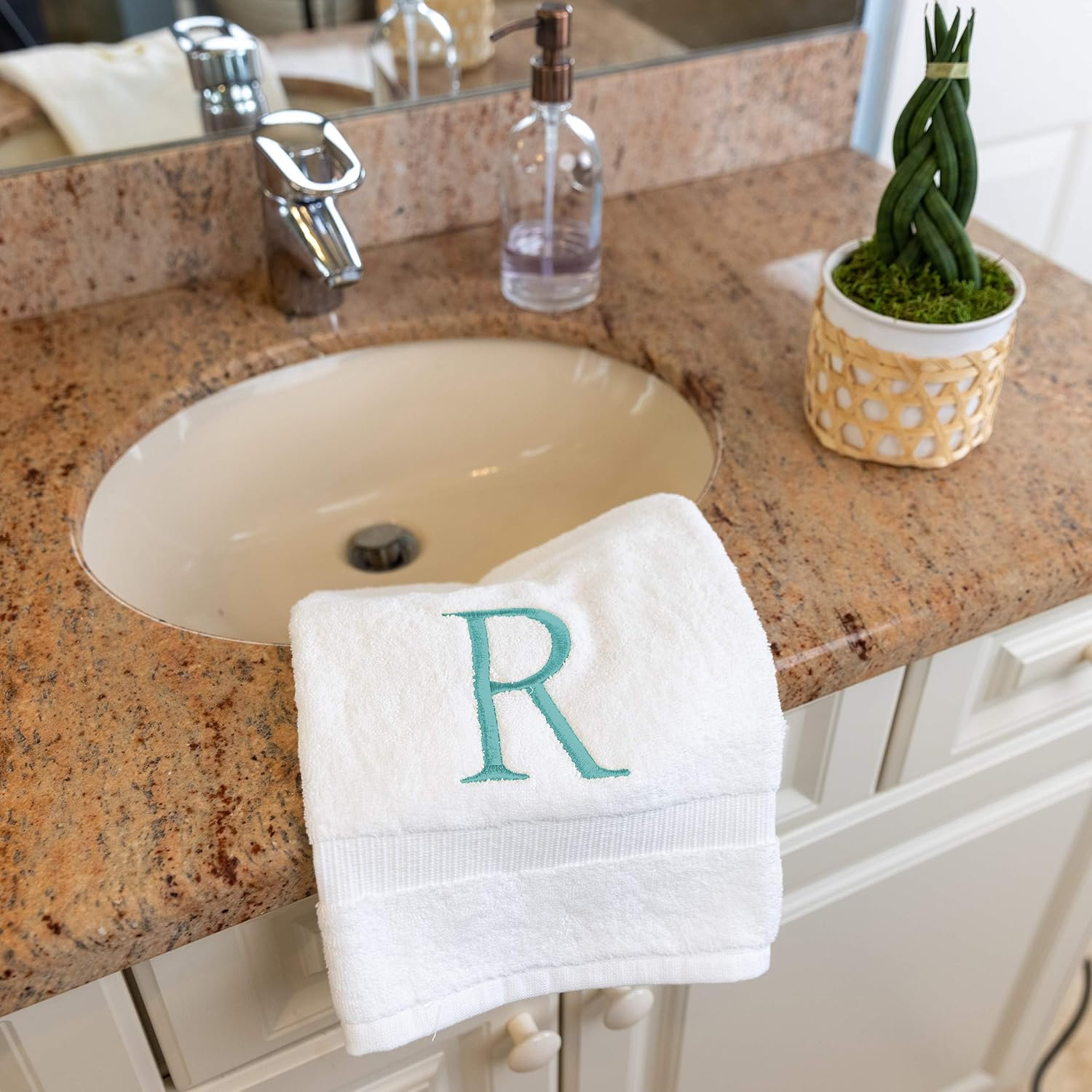 White with Teal Monogrammed Hand Towels for Bathroom - Set of 2 Letter R | Luxury Hotel Quality Initial Towels For