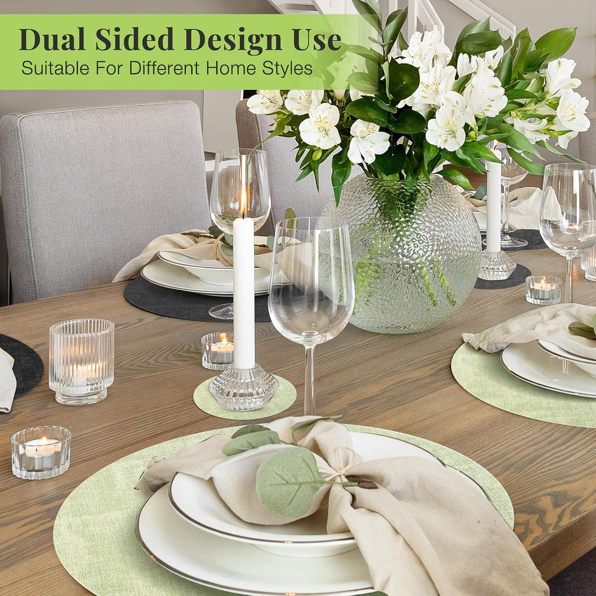 Fyvva Placemats Set of 12, 13" Round Reversible Faux Leather with Coasters | Wipeable & Waterproof Table Mats