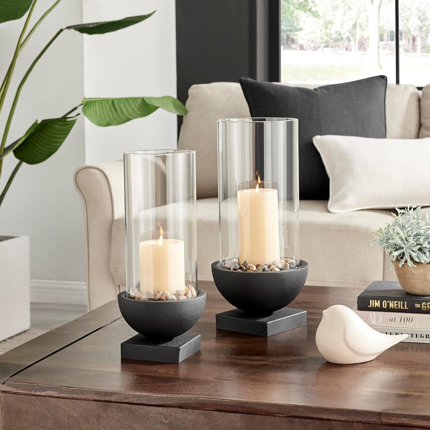 Danya B. Modern Black Metal Bold Pedestal and Glass Pillar Hurricane Candle Holder (Small)