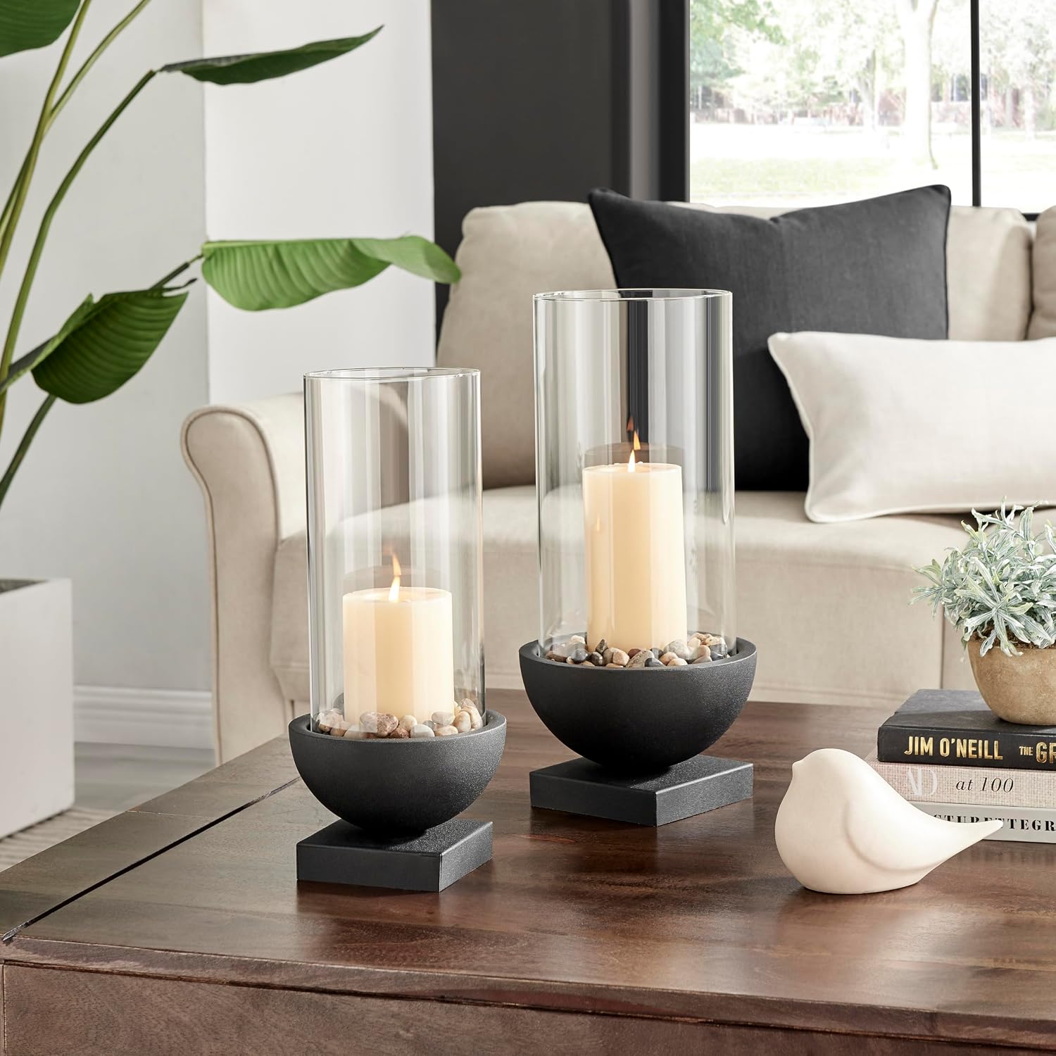 Danya B. Modern Black Metal Bold Pedestal and Glass Pillar Hurricane Candle Holder (Small)