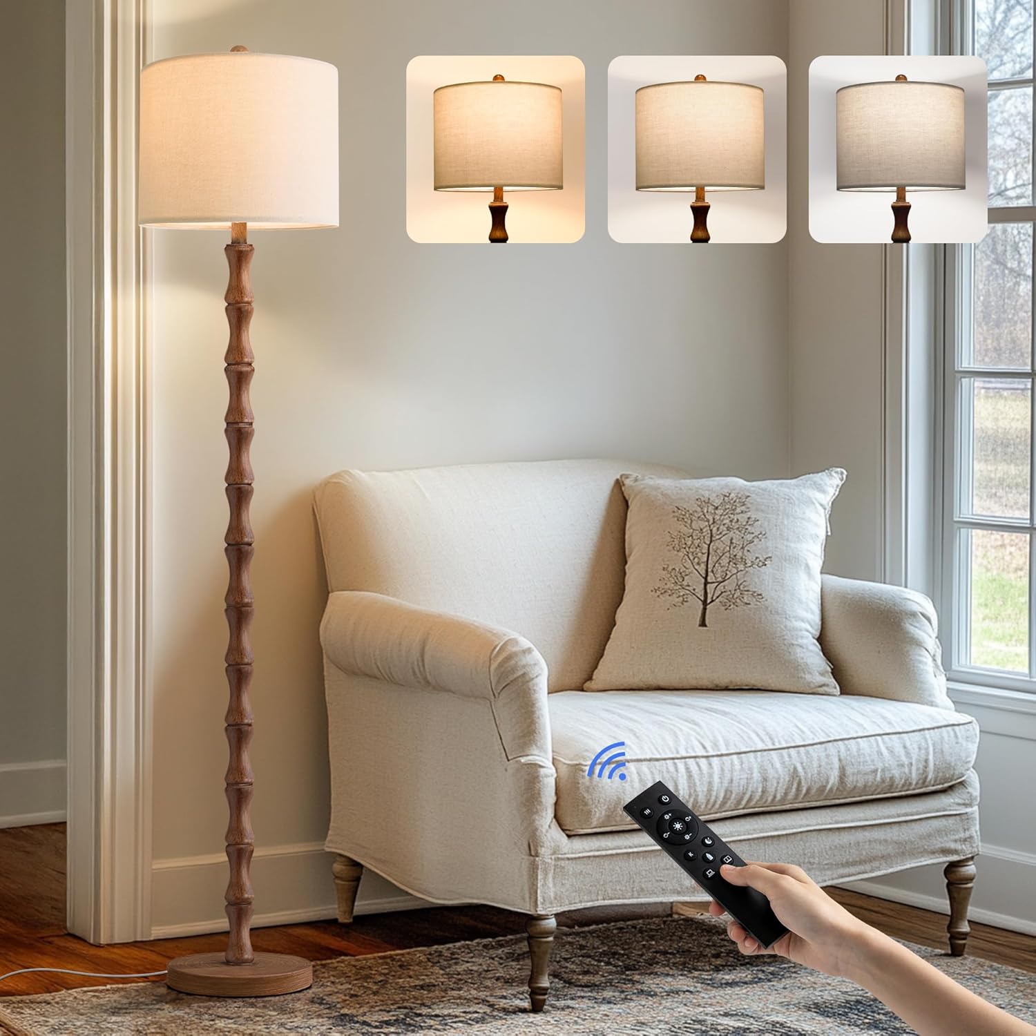BOBOMOMO 62" Rustic Farmhouse Floor Lamp with Remote & Dimmable 9W Bulb, 3 Color Temperatures Tall Resin Standing Lamp