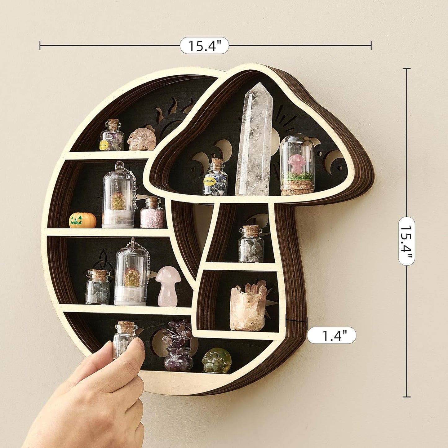 LED Light / Wooden Mushroom Shelf for Crystals Rocks Gems Healing Stones / Mushroom & Moon with Led