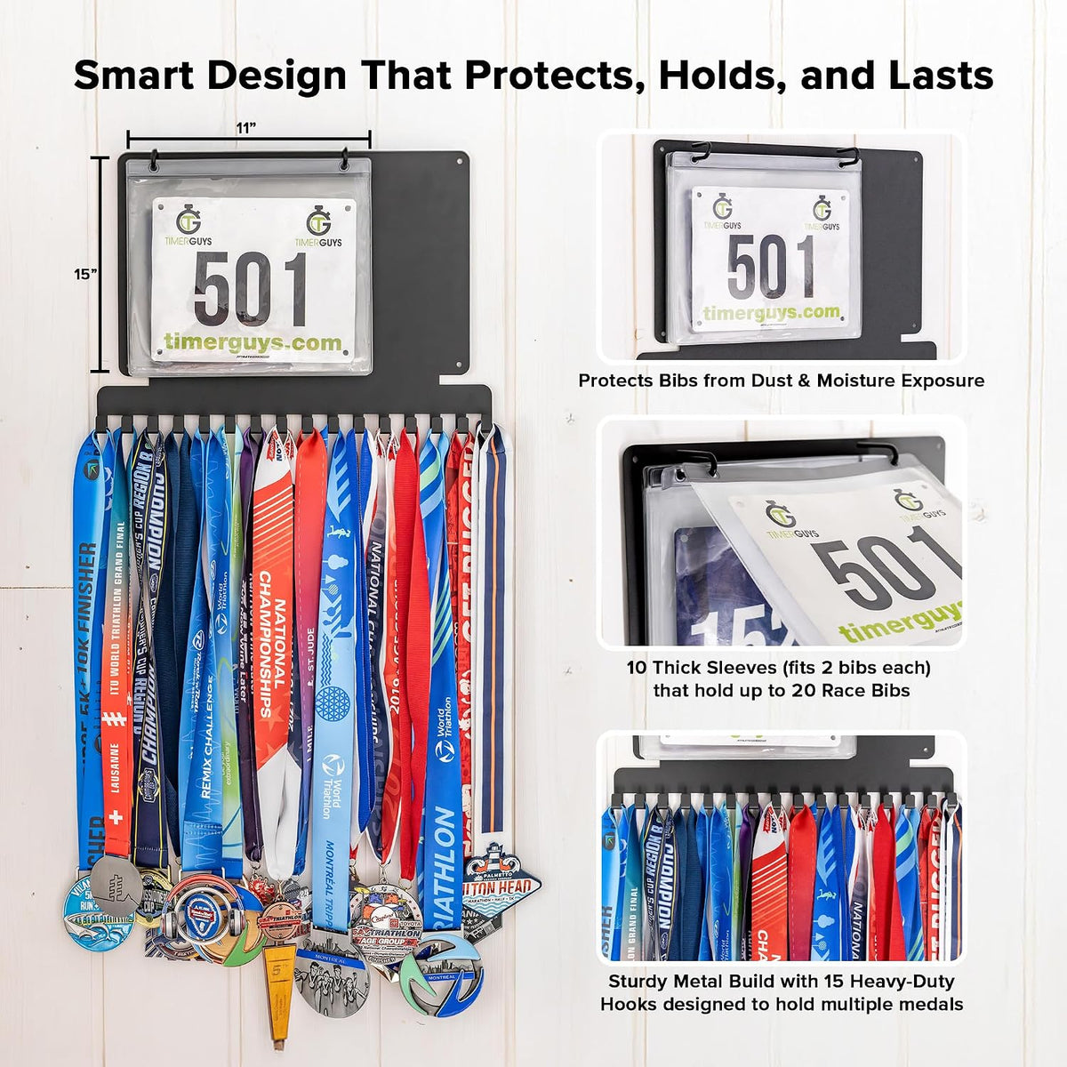 Running Medal Hanger Display with Race Bib Holder, Gift for Runners | Individual Hooks, Custom Write-On Board, Easy to