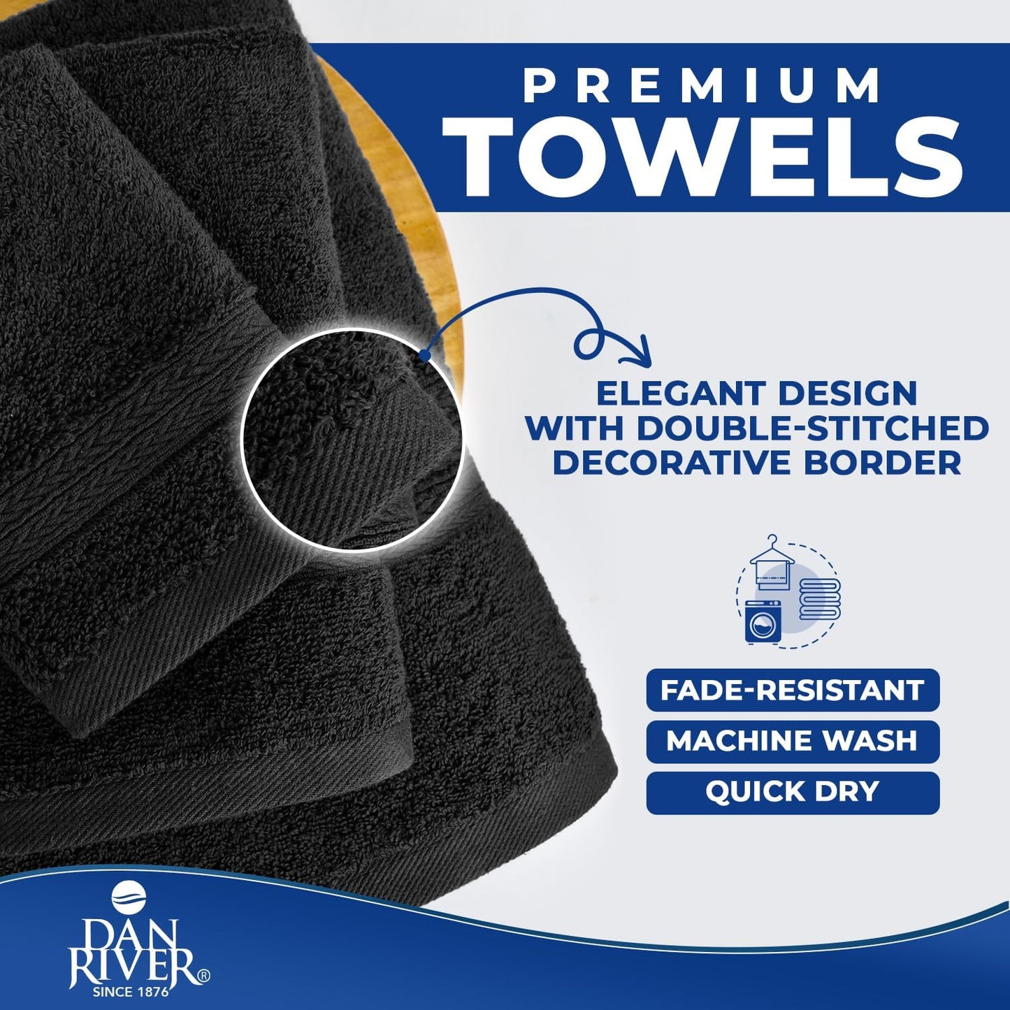 DAN RIVER 8 Piece Luxury Bath Towels for Bathroom, Towel Set, Black | 2 Bath towels, 2 Hand towels, and 4 Wash Cloths