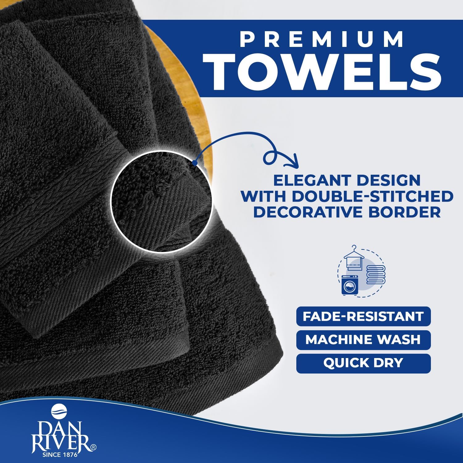 DAN RIVER 8 Piece Luxury Bath Towels for Bathroom, Towel Set, Black | 2 Bath towels, 2 Hand towels, and 4 Wash Cloths