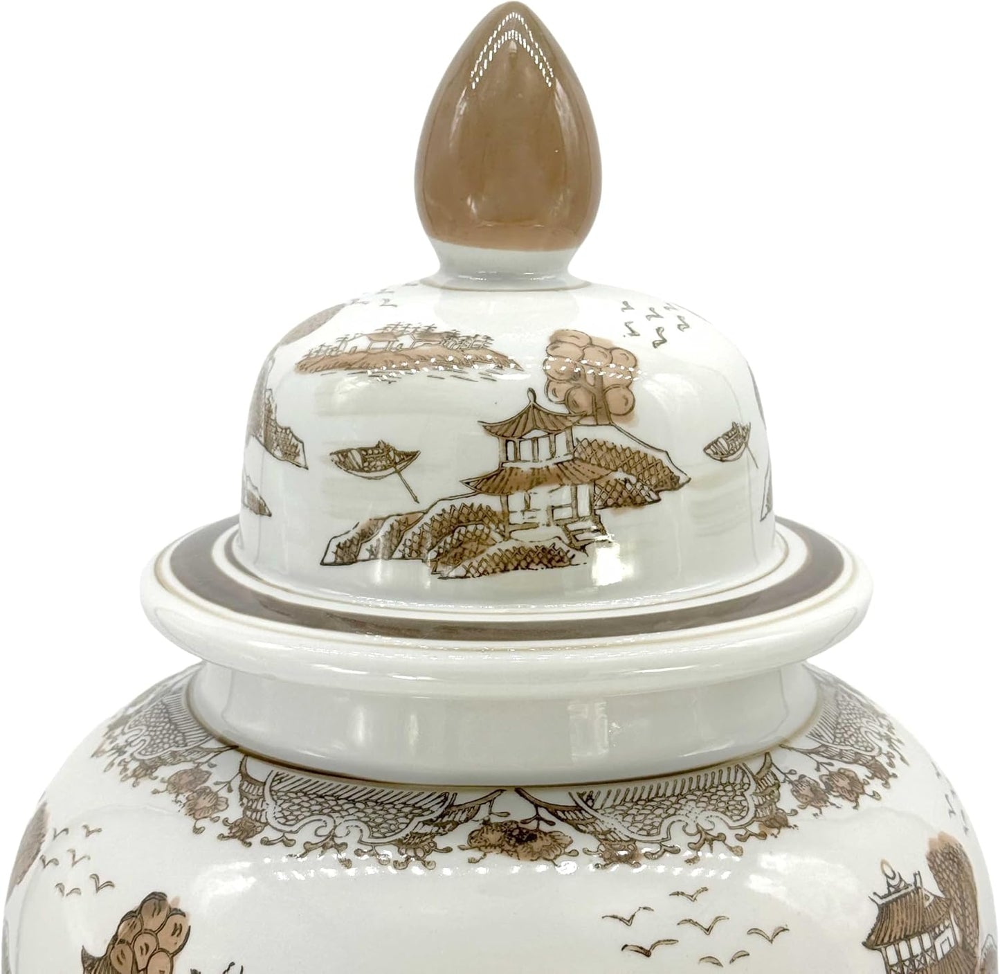 Large 25" Brown & White Landscape Chinoiserie Ceramic Temple Jar w/Lid / Brown & White Landscape