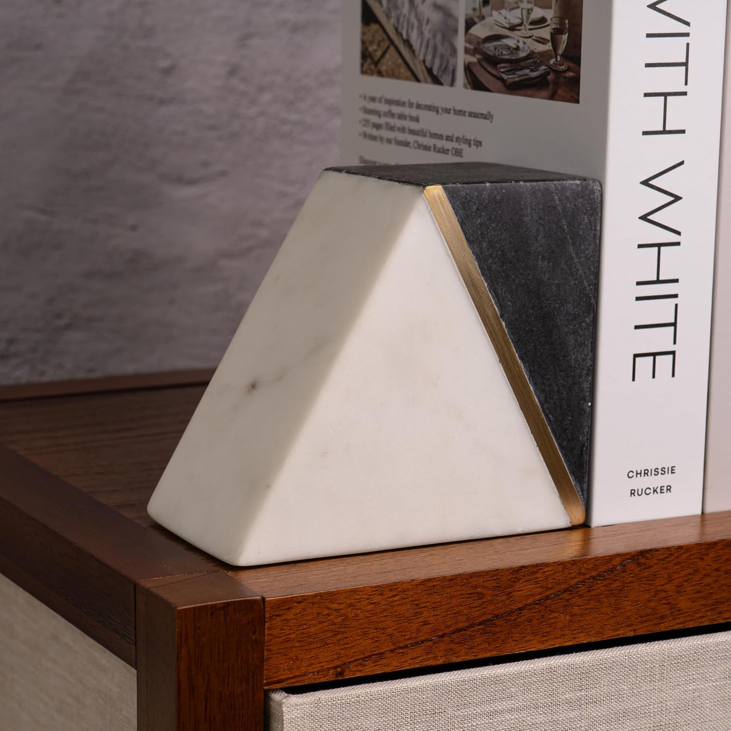 Marble Book Ends / White / Grey + Brass