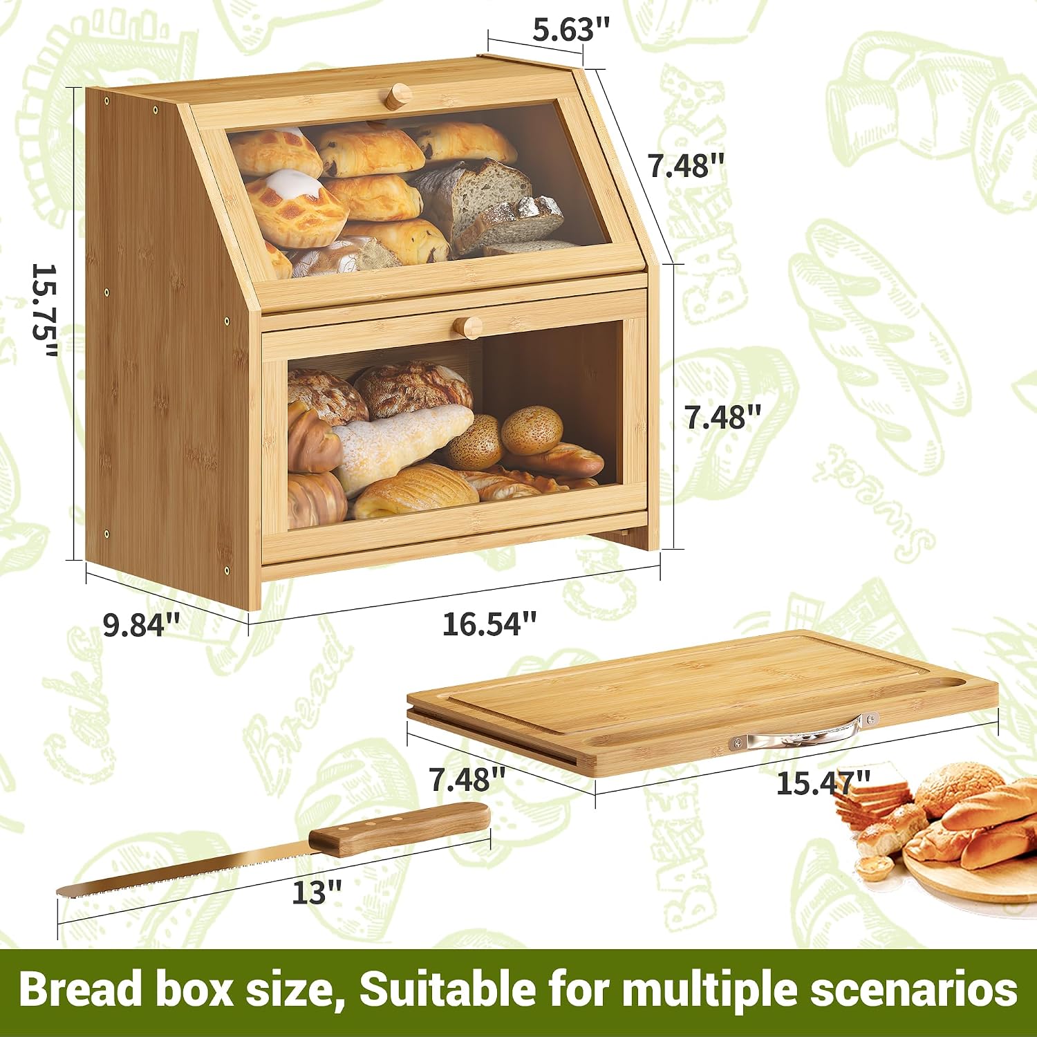 BMOSU Bread Box with Cutting Board Kitchen Bread Storage Organizer Farmhouse Countertop Double Bamboo Wood Bread