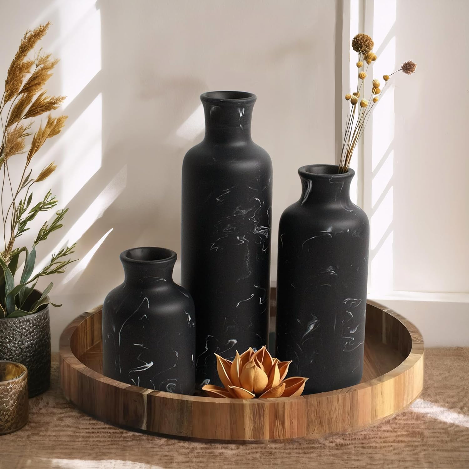 Resin 3 Piece Vase Set / Black Marble Look