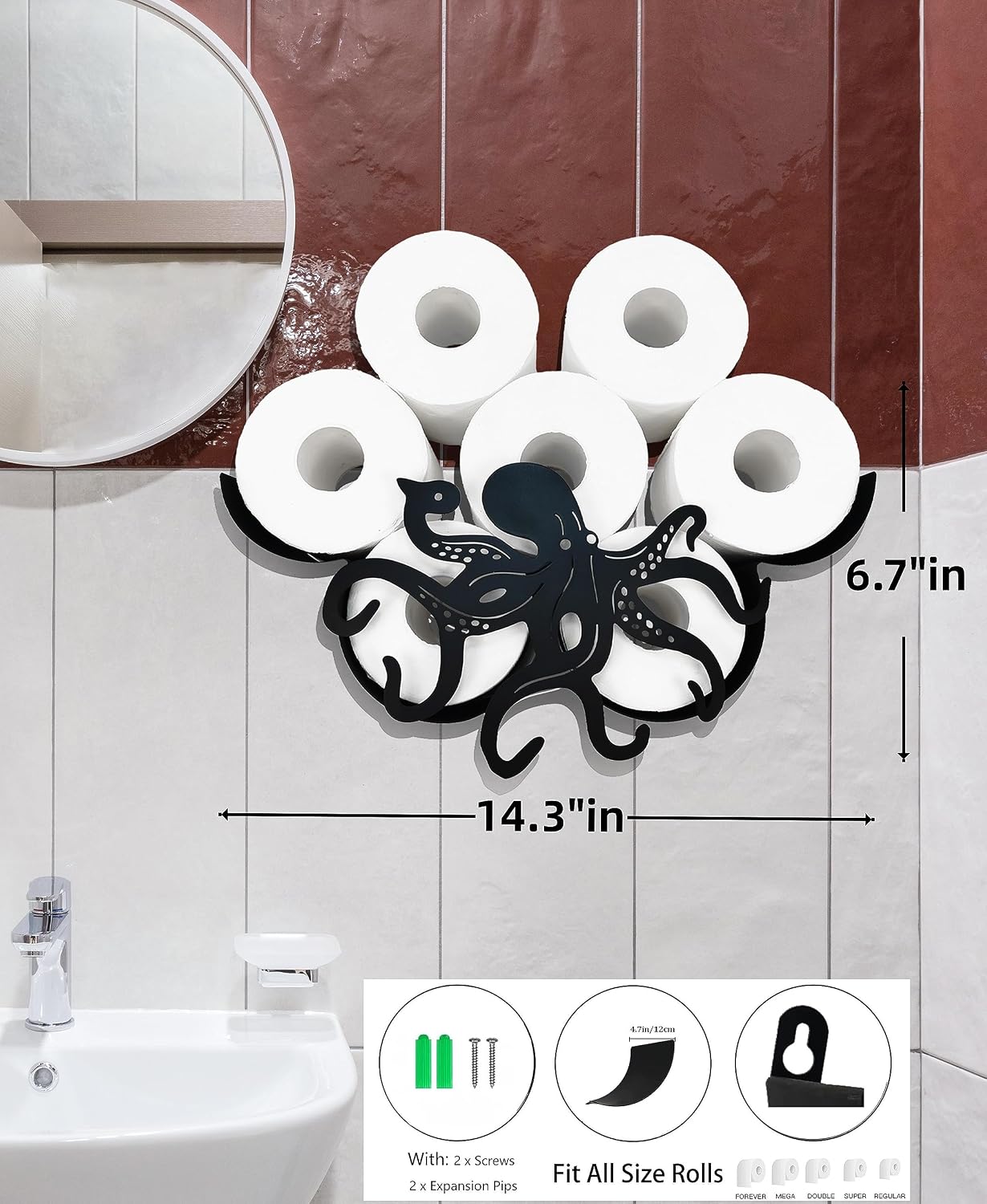 Octopus Metal Wall Toilet Paper Storage,Black Toilet Tissue Holder,Animal Decorative Metal Paper Holders,Cute Toilet