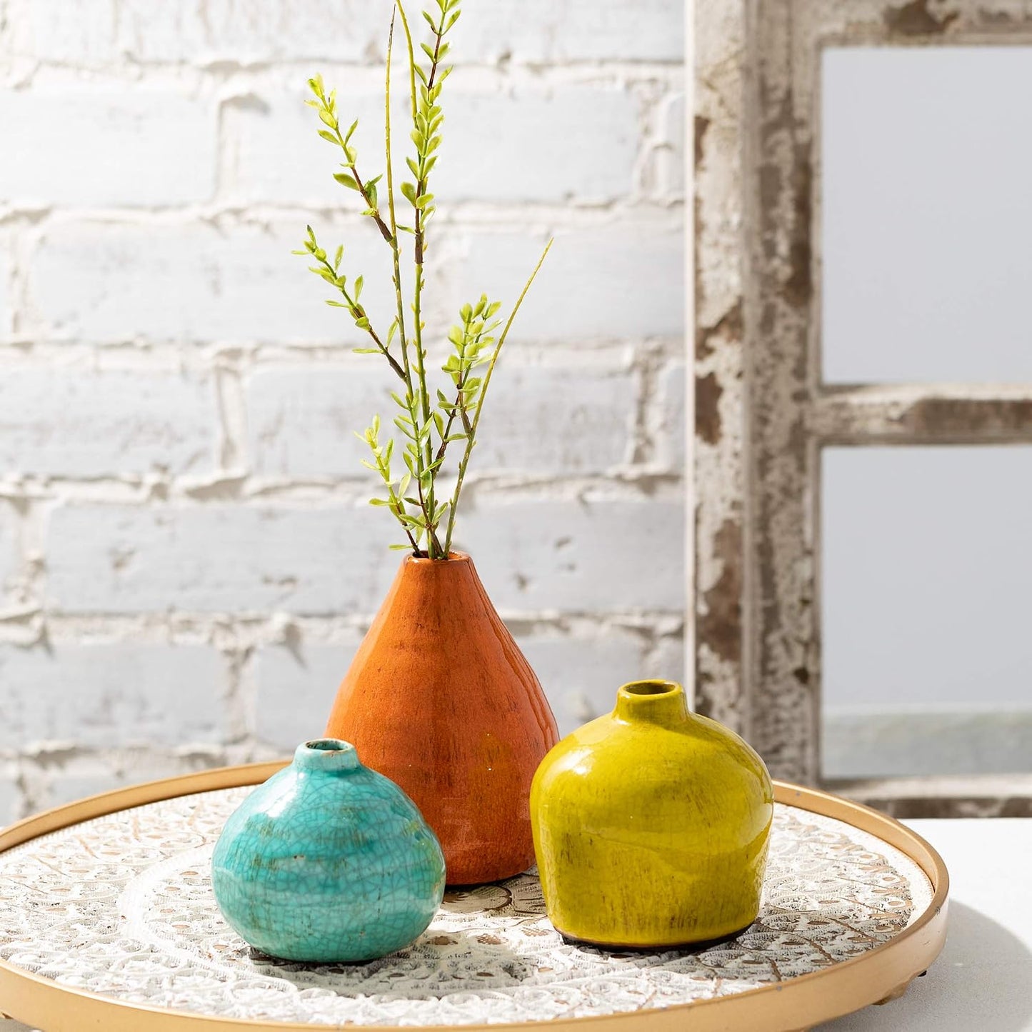 Ceramic Vase Set- 3 Small Vases / Aqua, Orange, Green / Set of 3