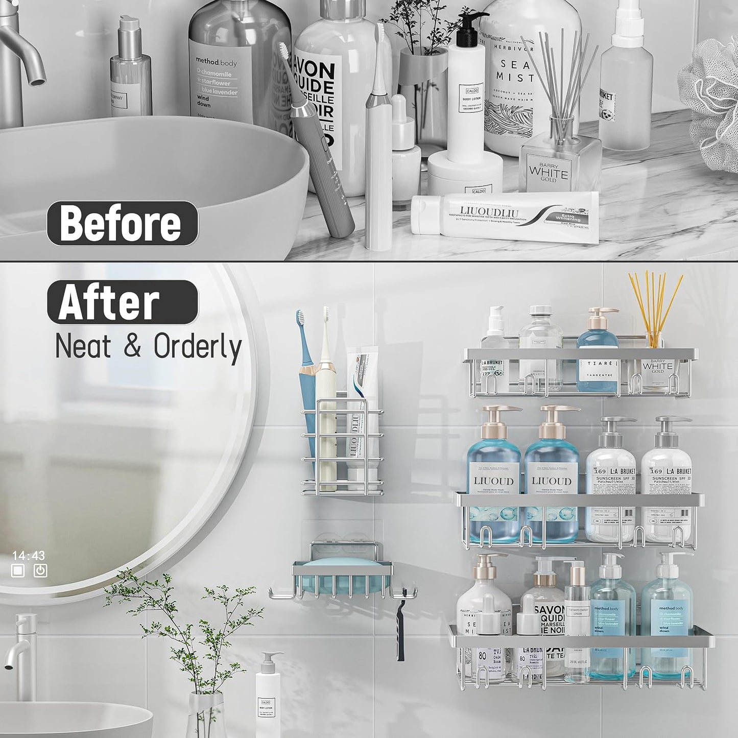 Self Adhesive Bathroom Wall Storage Basket Rustproof / Silver / Set of 5