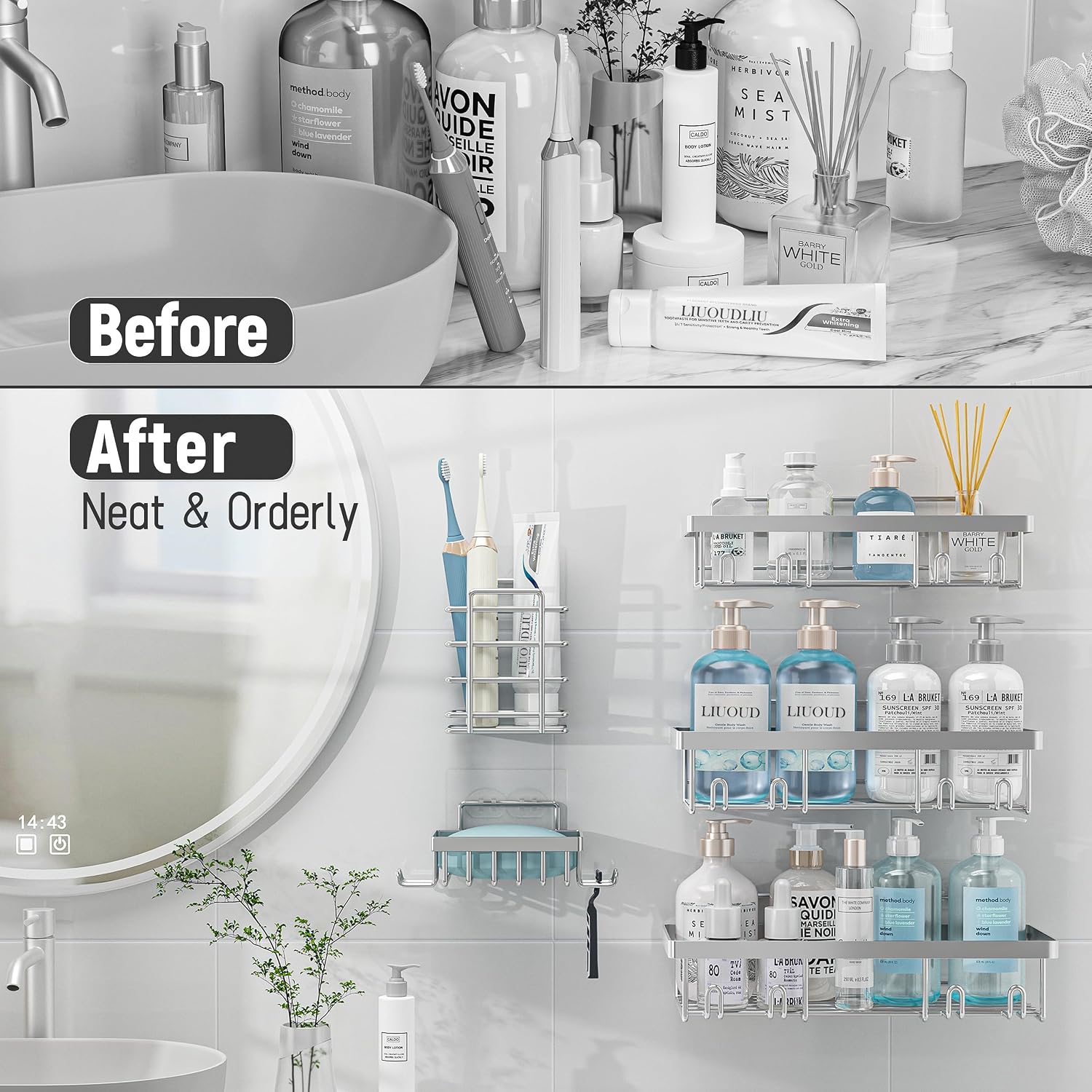 Self Adhesive Bathroom Wall Storage Basket Rustproof / Silver / Set of 5