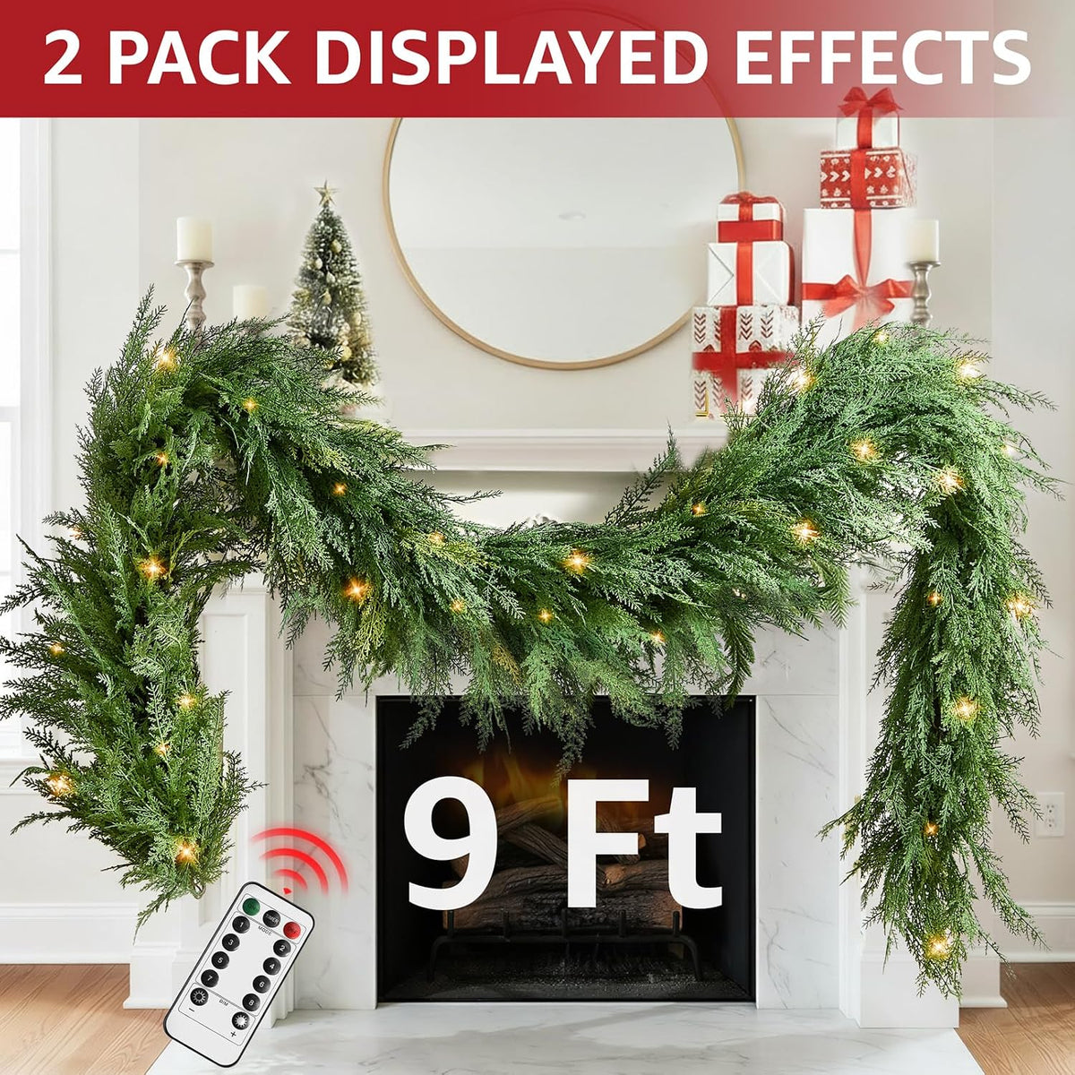 Christmas Cedar Garland Realistic with Lights - Cypress Decorations 9ft for Mantle Lighted Faux Pine Garlands for Xmas