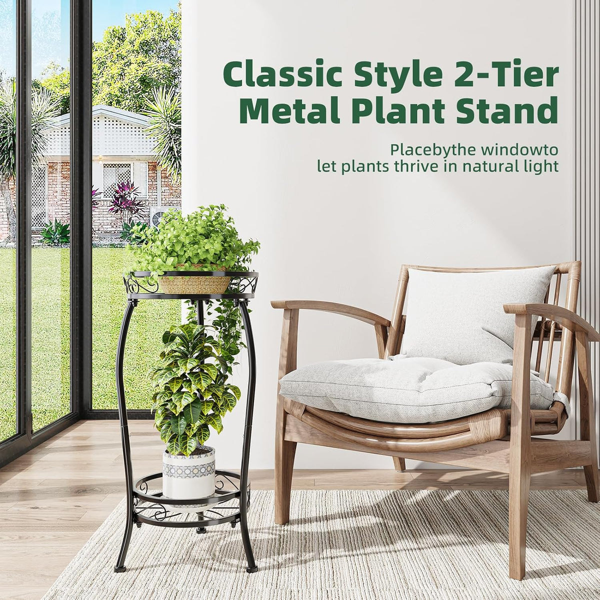 Simple Trending Plant Stand Indoor Outdoor, Tall Round Plant Shelf, 2 Tiers Metal Flower Pot Holder Stand Heavy Duty