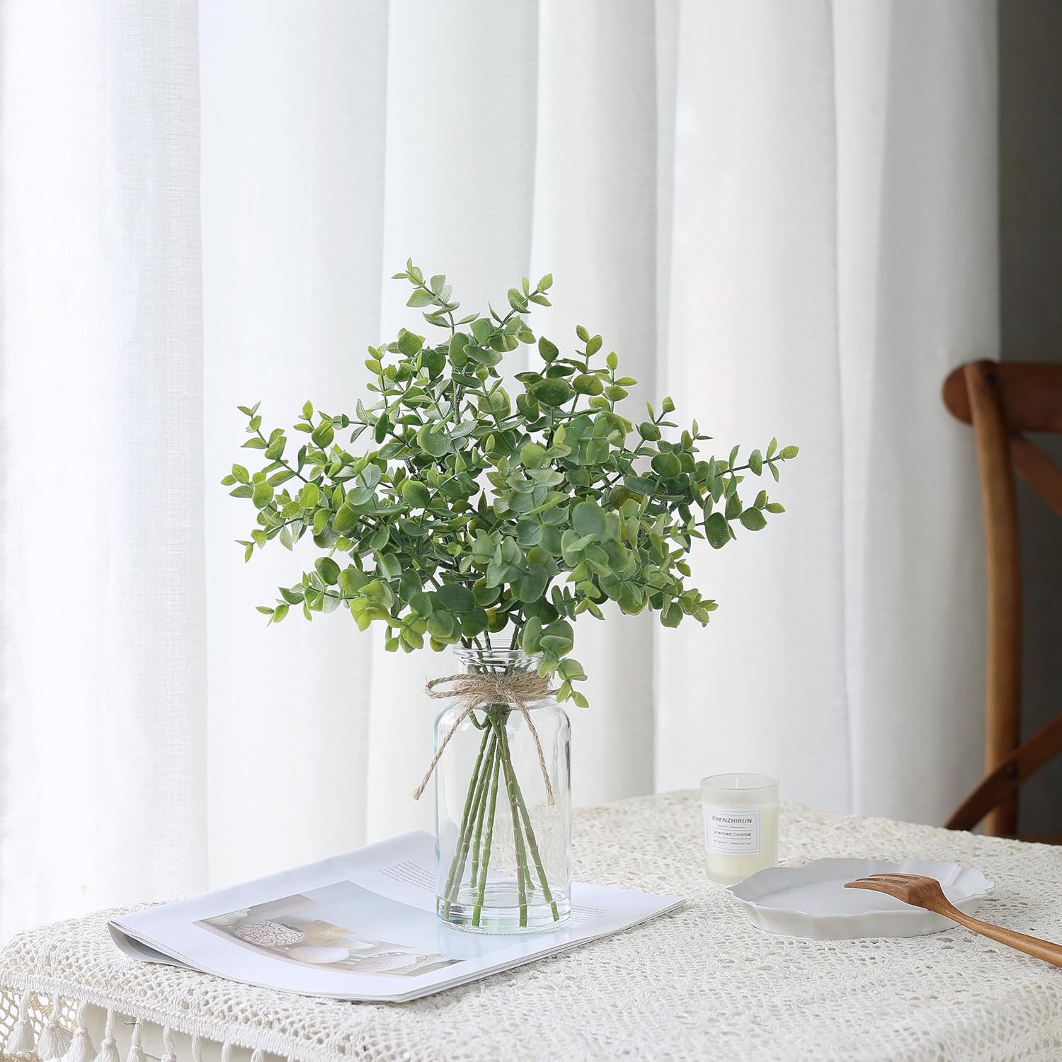 Fake Eucalyptus Stems in Glass Vase