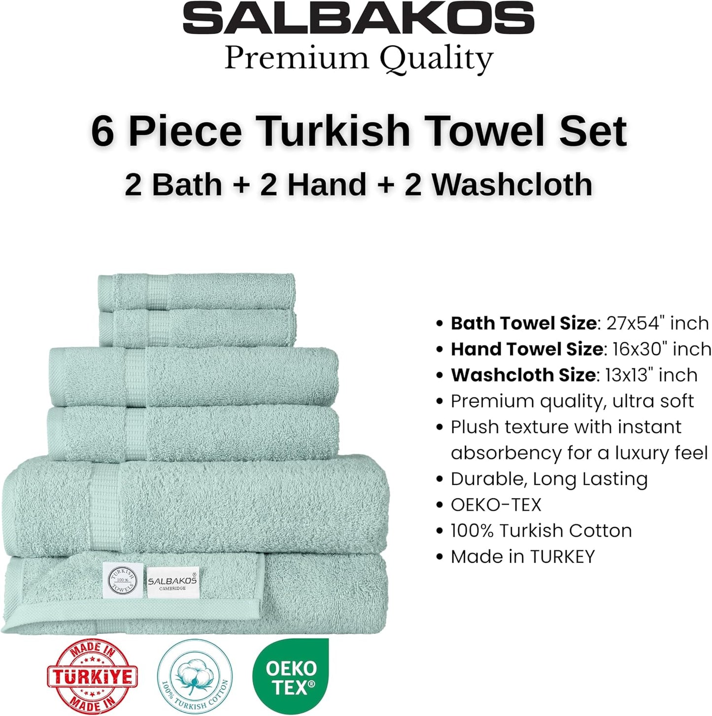 SALBAKOS 100% Turkish Cotton Bathroom Towel Set of 6-Piece, Seafoam Green | 630 Gsm Thick Super Soft Highly Absorbent 2