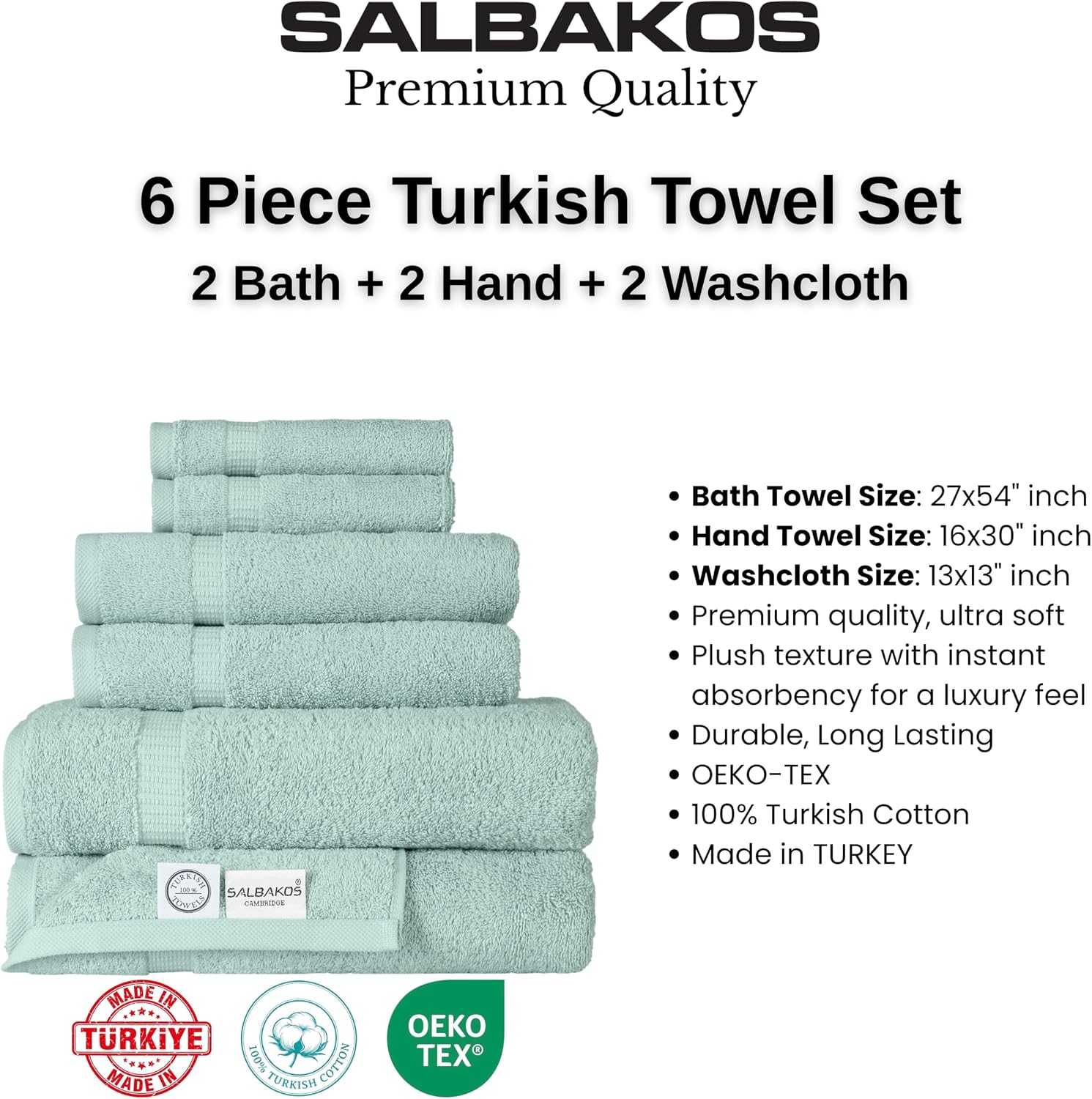 SALBAKOS 100% Turkish Cotton Bathroom Towel Set of 6-Piece, Seafoam Green | 630 Gsm Thick Super Soft Highly Absorbent 2