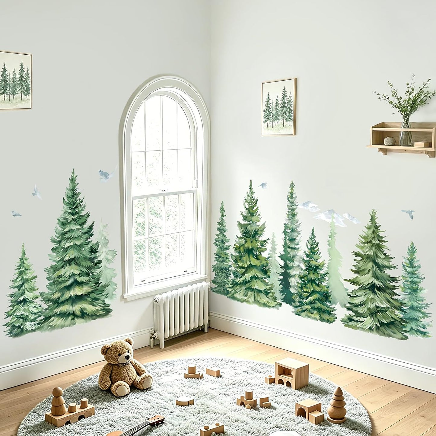 Large Pine Tree Wall Stickers Woodland Mountain Tree Birds Wall Decals Living Room Bedroom Office